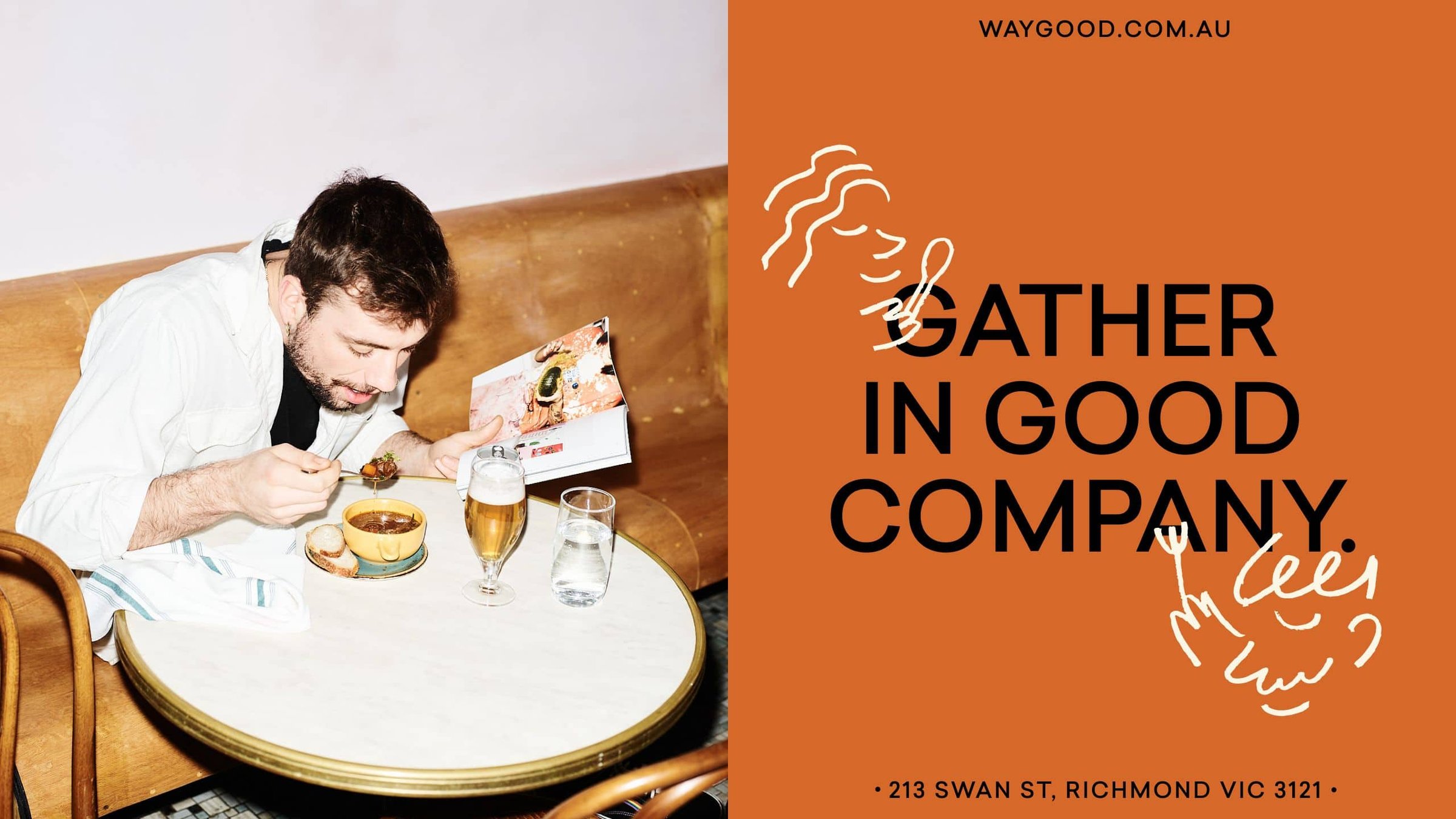 Diner reading a menu beside an orange Gather in good company layout