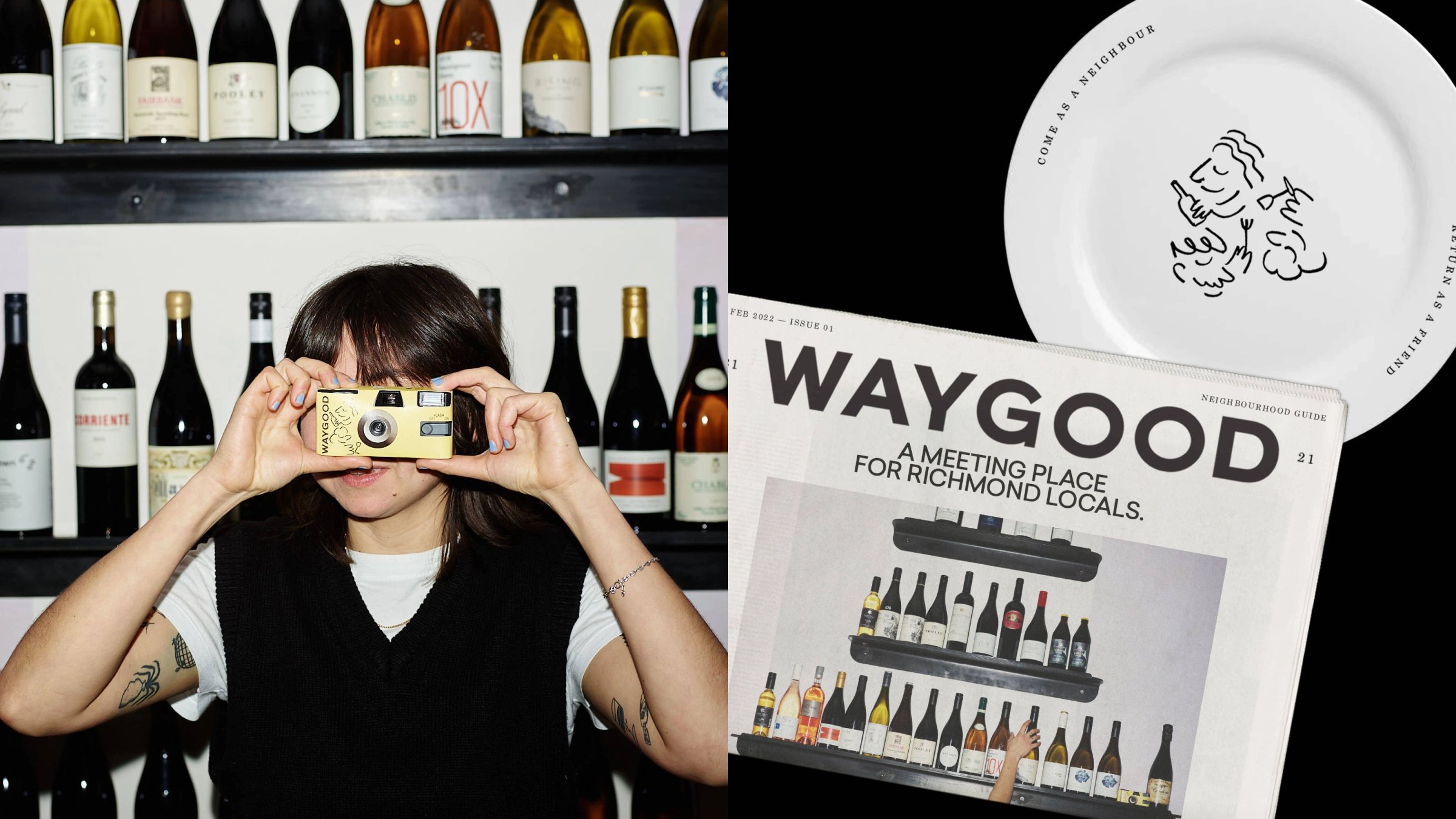 Woman with a Waygood disposable camera, next to a branded plate and newspaper