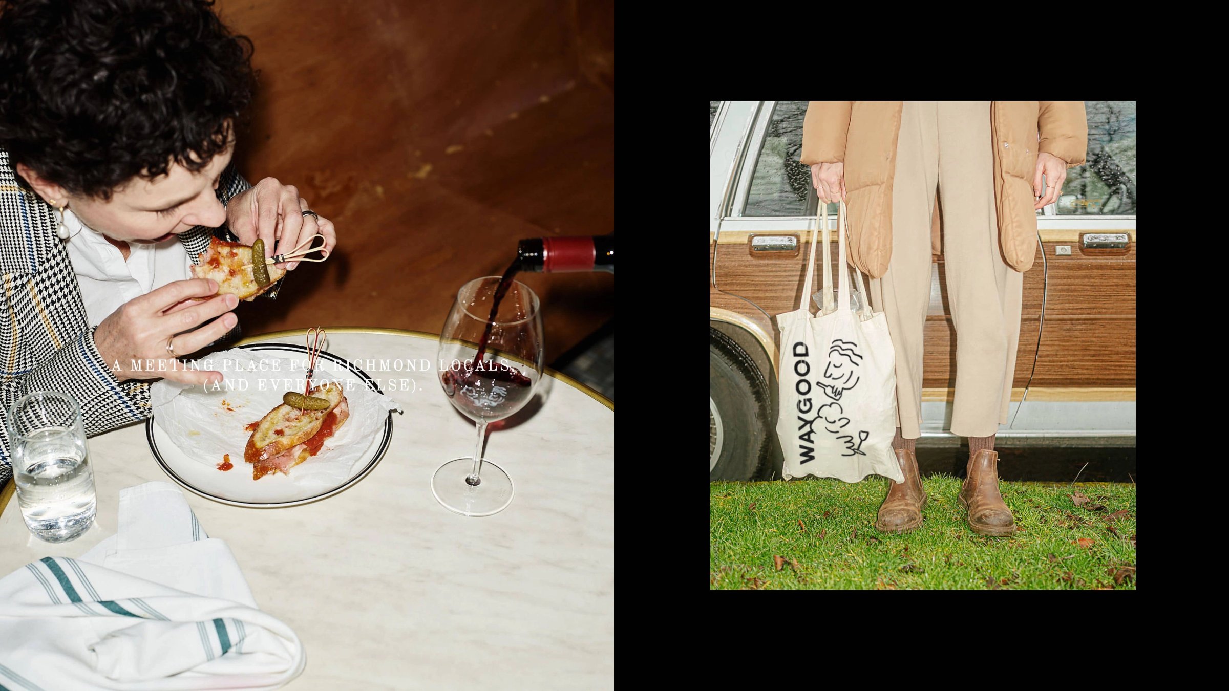 Diner eating at a marble table beside a Waygood tote bag