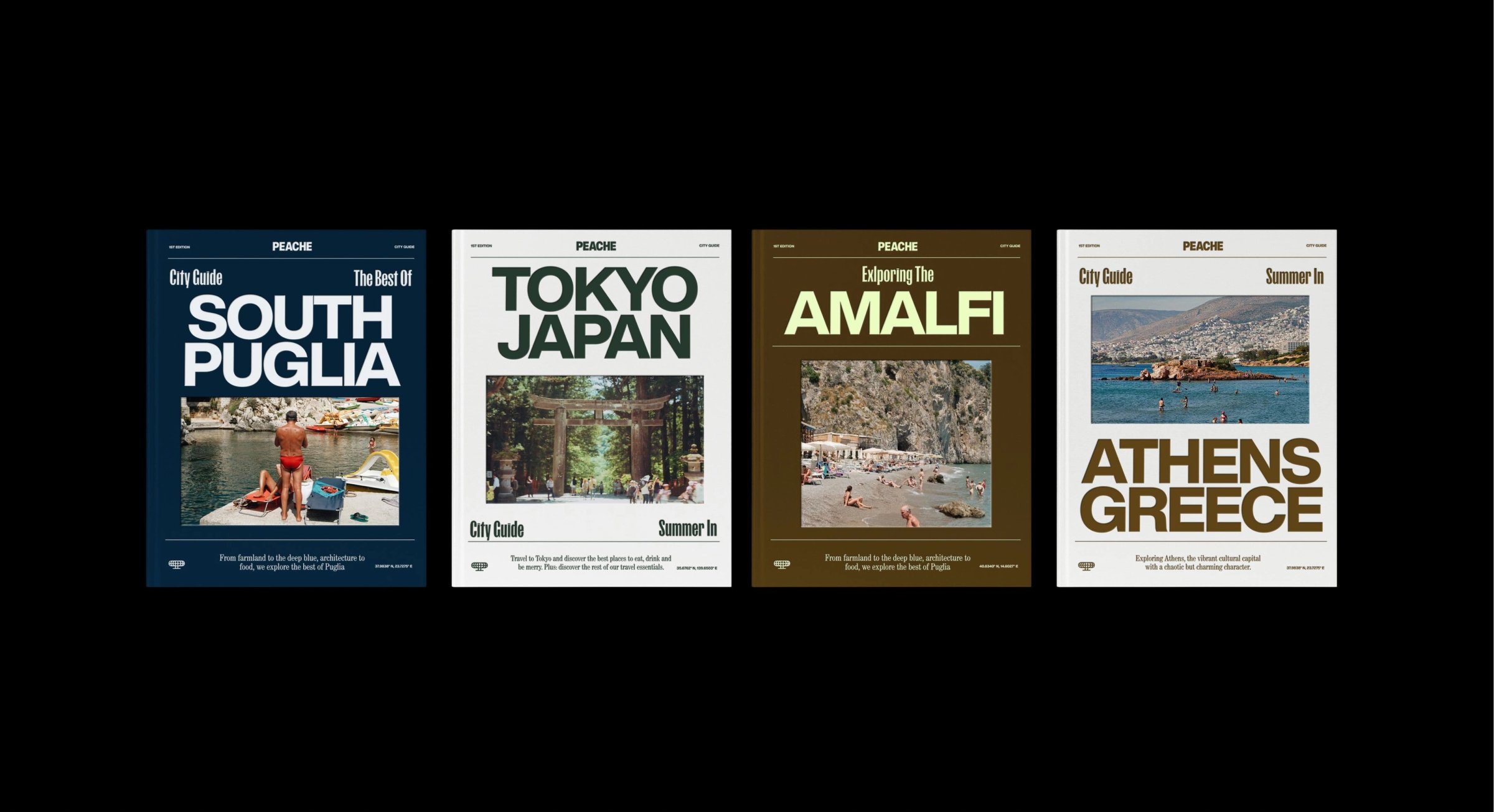 Four Peache city guide covers for South Puglia, Tokyo, Amalfi and Athens