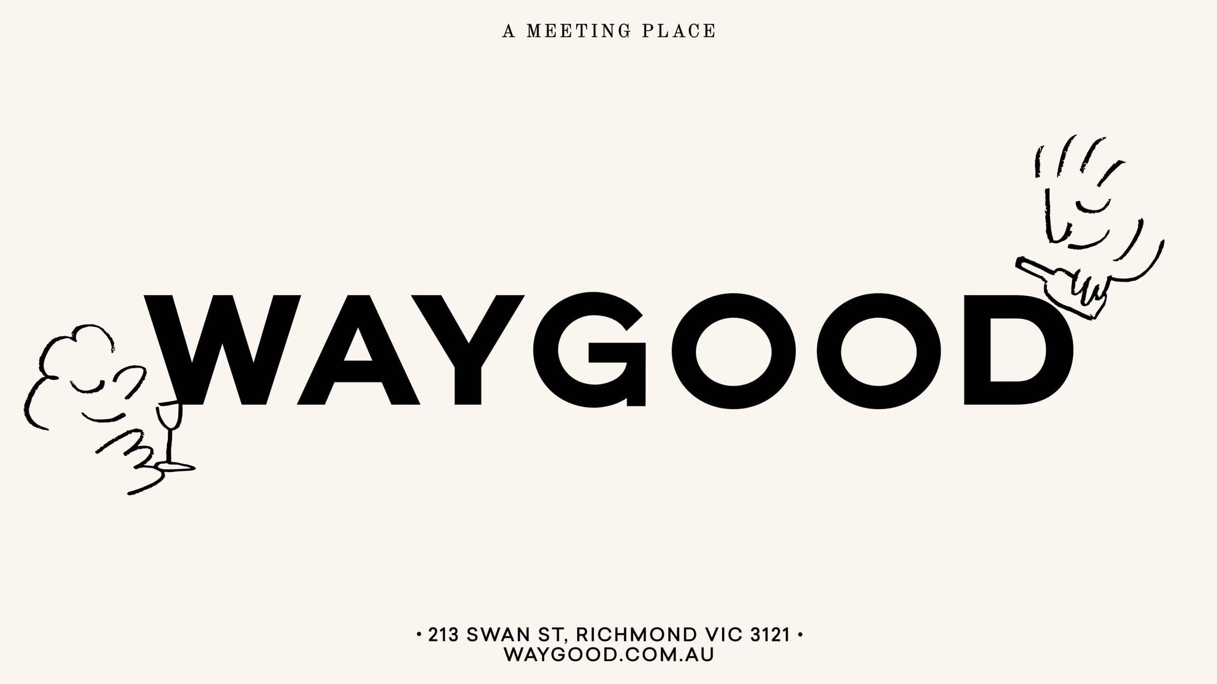 Waygood wordmark with sketchy illustrations on cream