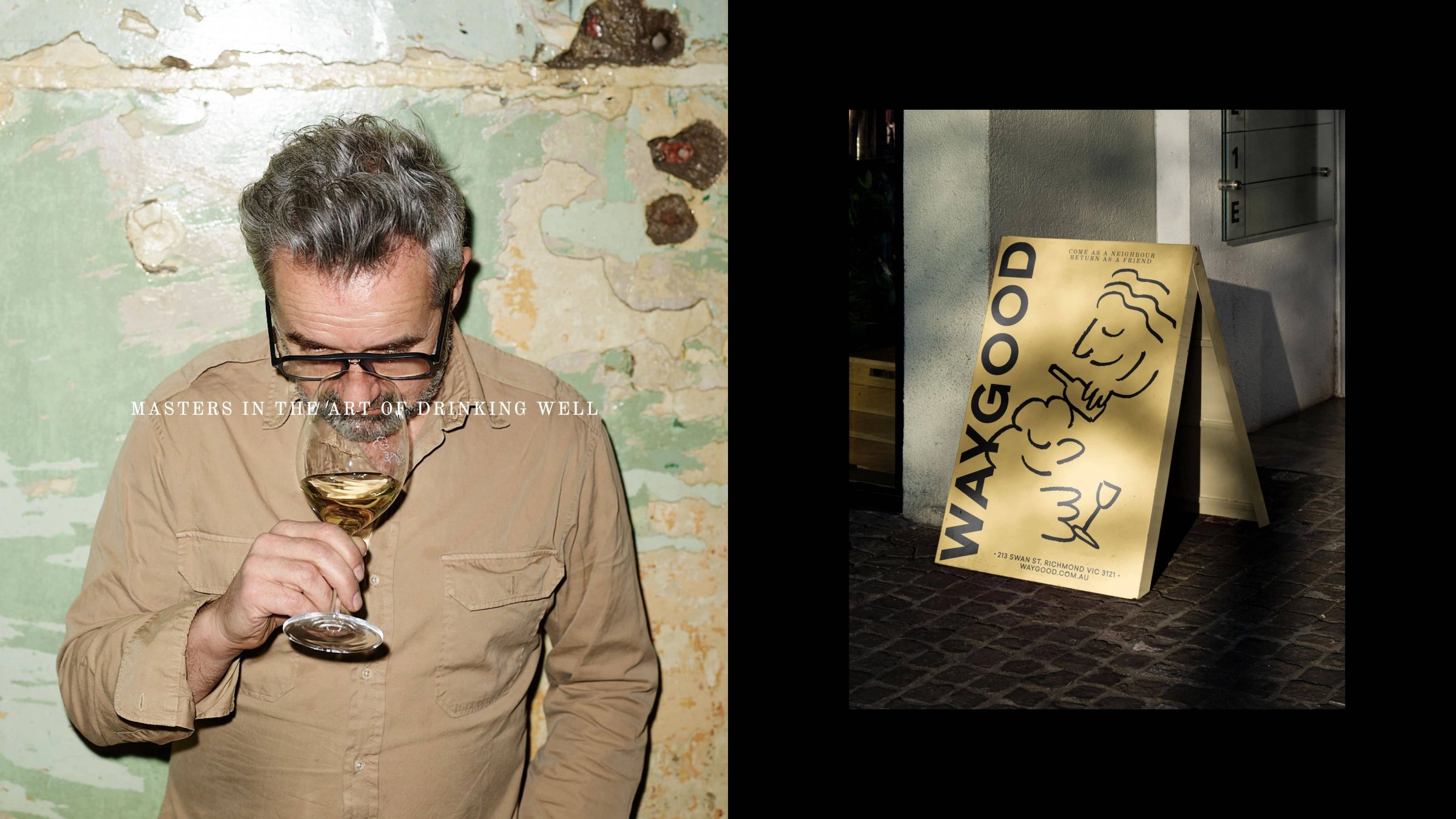 Martin Pirc tasting white wine beside a yellow Waygood A-frame sign