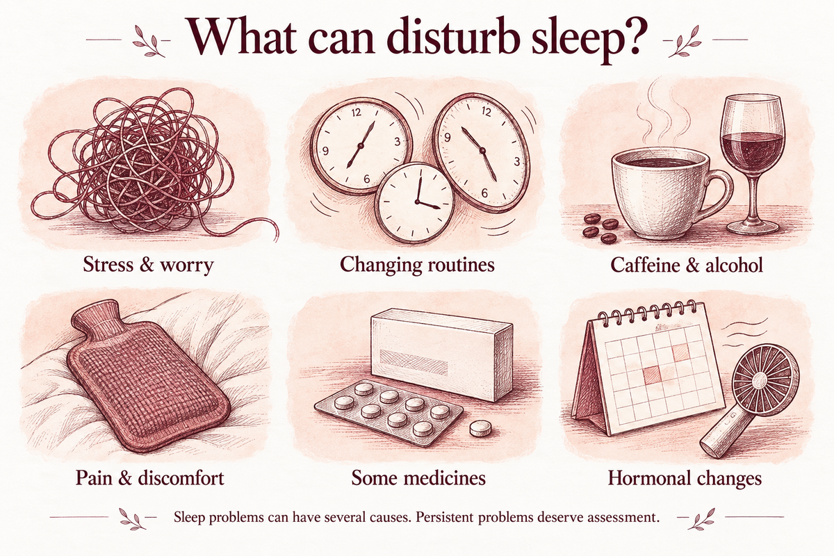 Possible sleep disruptors: stress and worry, changing routines, caffeine and alcohol, pain and discomfort, some medicines and hormonal changes.