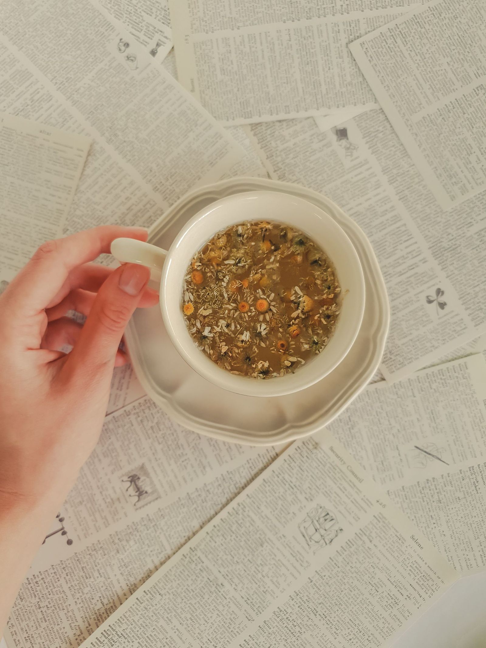 A hand holding a cup of tea above printed pages.