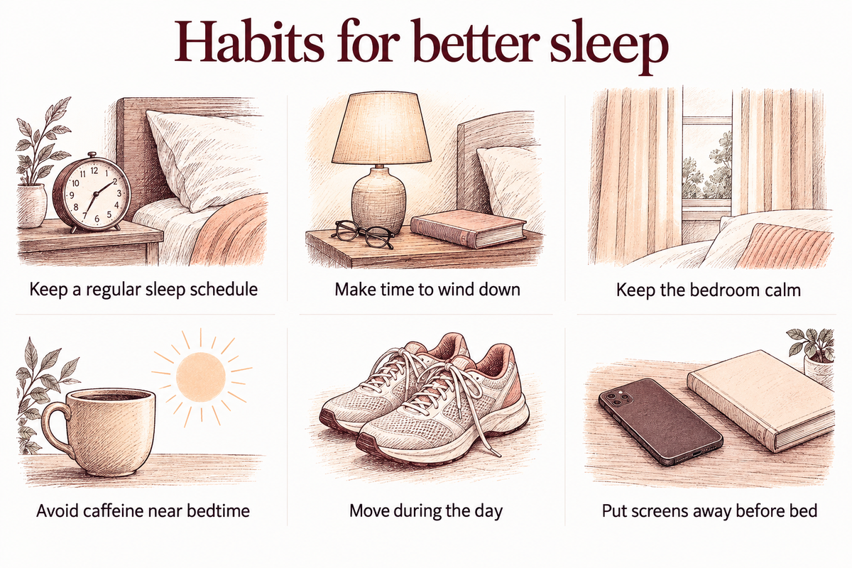 Six sleep habits: keep a regular schedule, wind down, keep the bedroom calm, avoid caffeine near bedtime, move during the day and put screens away before bed.