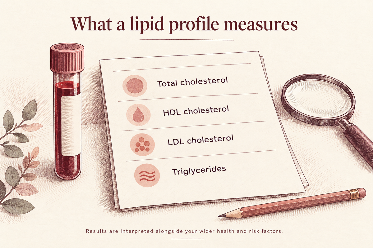 A blood sample and report listing total cholesterol, HDL cholesterol, LDL cholesterol and triglycerides.