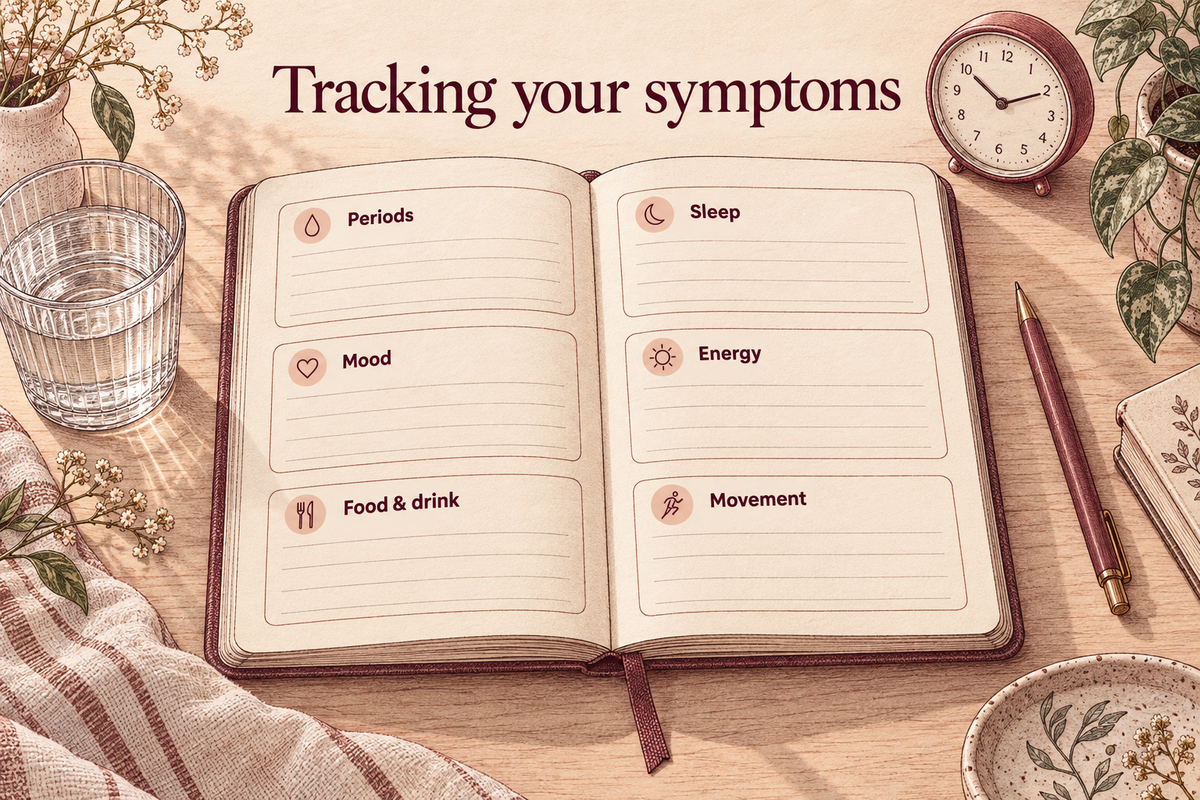 An empty journal with sections for periods, sleep, mood, energy, food and drink, and movement.