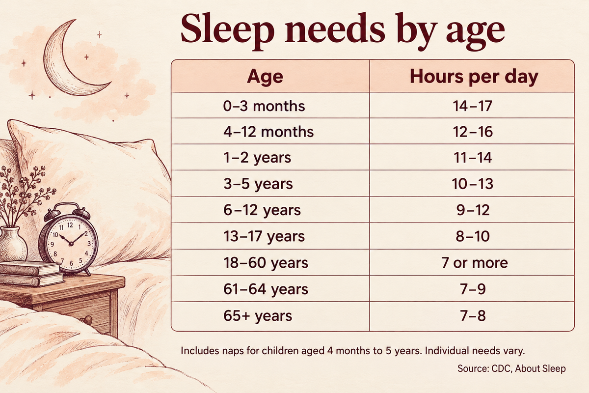 Daily sleep recommendations: 0–3 months, 14–17 hours; 4–12 months, 12–16; 1–2 years, 11–14; 3–5 years, 10–13; 6–12 years, 9–12; 13–17 years, 8–10; 18–60 years, 7 or more; 61–64 years, 7–9; 65 and older, 7–8. Includes naps from 4 months to 5 years. Individual needs vary.