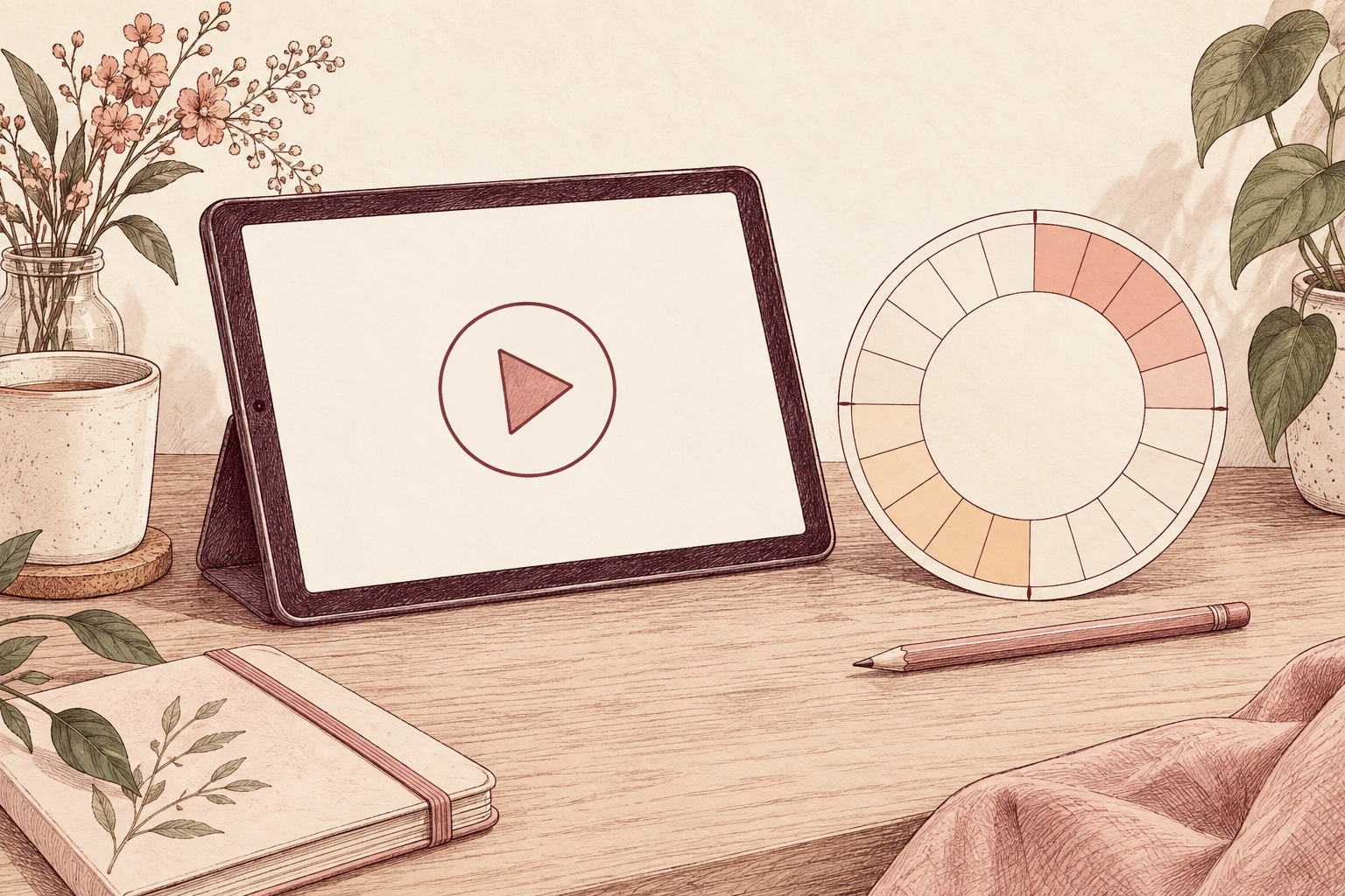Illustrated tablet with a play symbol beside a blank circular calendar.