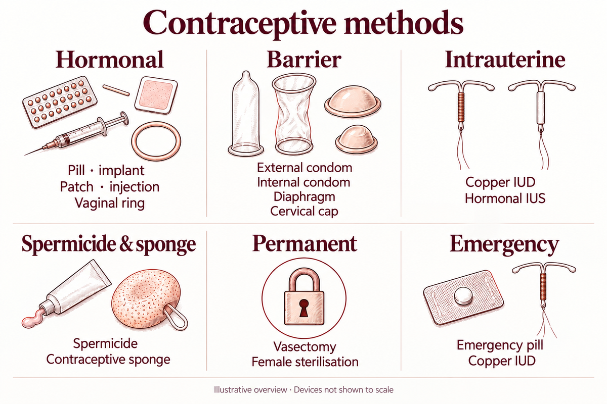 Illustrated overview: pill, implant, patch, injection and vaginal ring; external and internal condoms, diaphragm and cervical cap; copper IUD and hormonal IUS; spermicide and sponge; vasectomy and female sterilization; emergency pill and copper IUD.