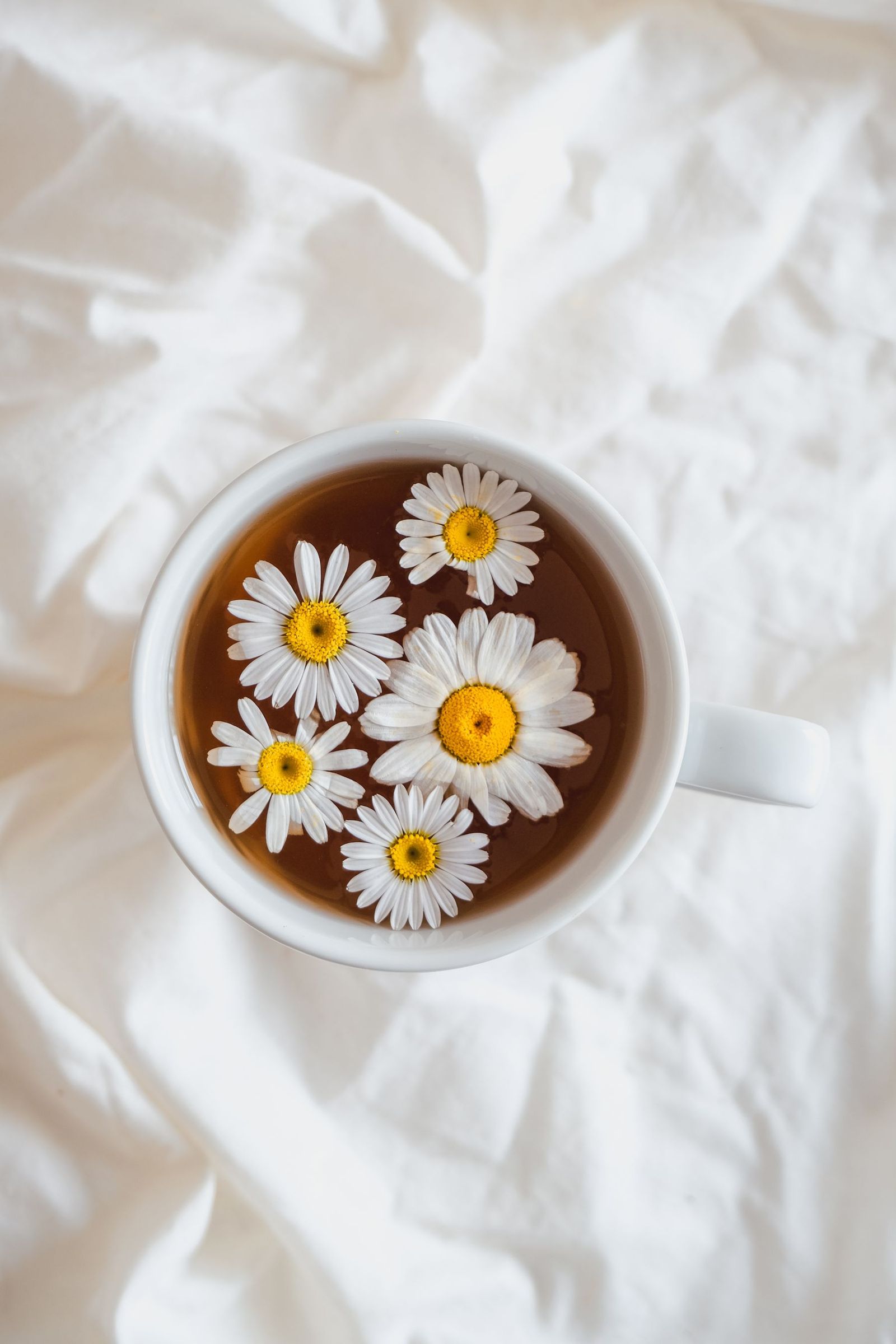 Flowers floating in a cup of tea on white fabric.