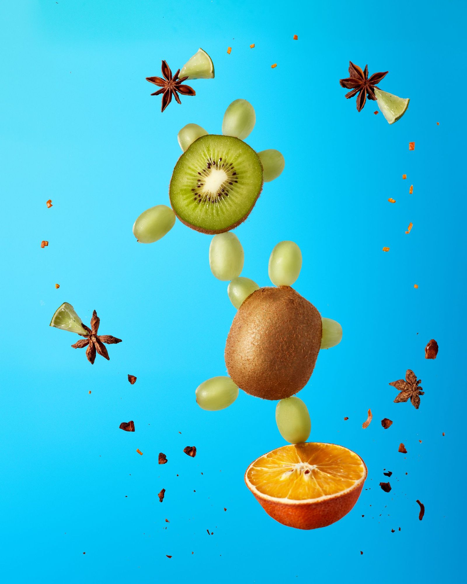 Kiwi and orange pieces against a blue background.