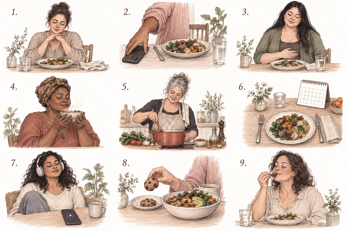 Nine illustrated mindful eating steps: pause and ask a question, remove distractions, notice hunger, use your senses, enjoy cooking, practice daily, use supportive resources, honor cravings and eat slowly.