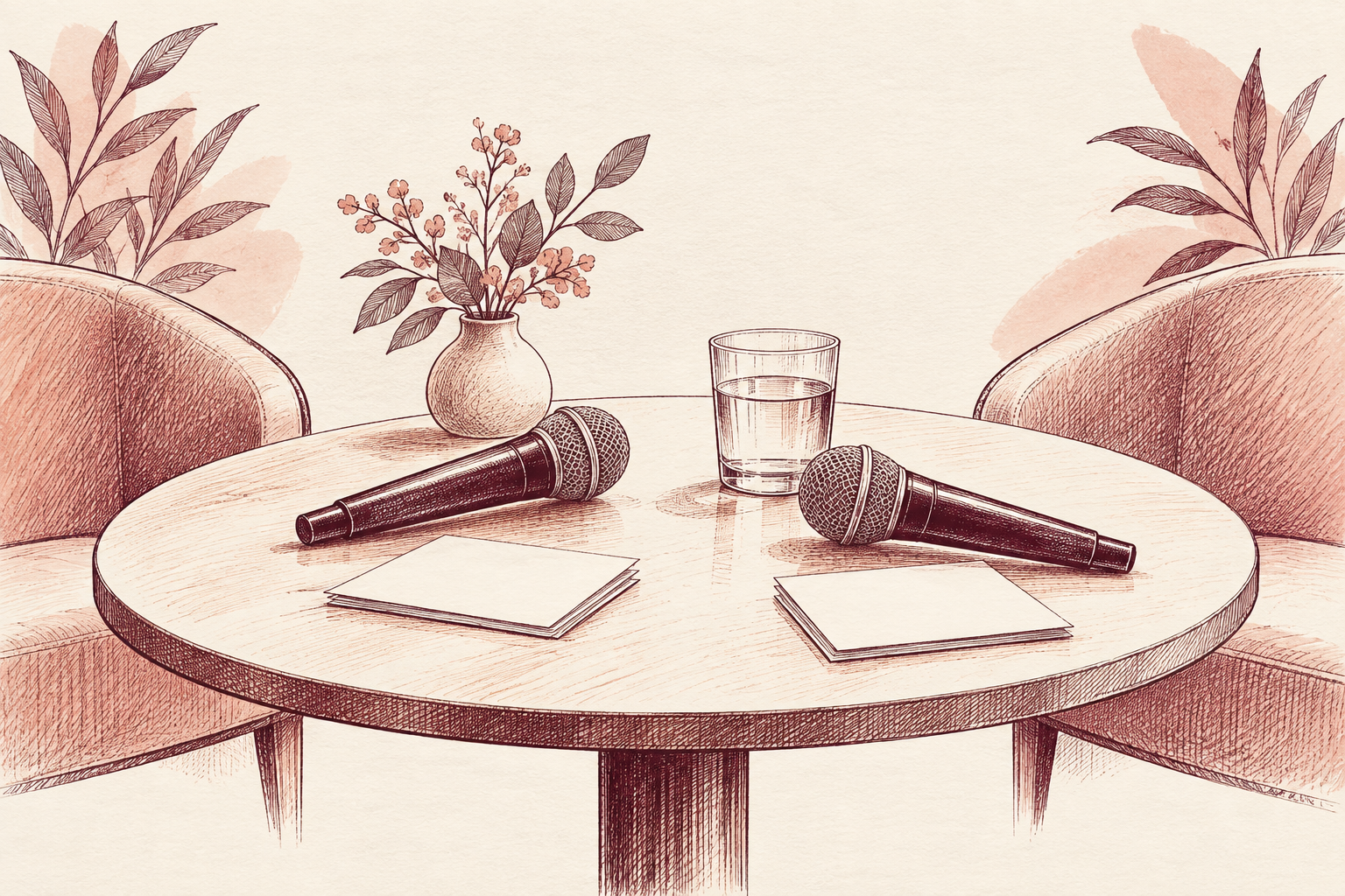 Two illustrated microphones and blank notecards on a table.