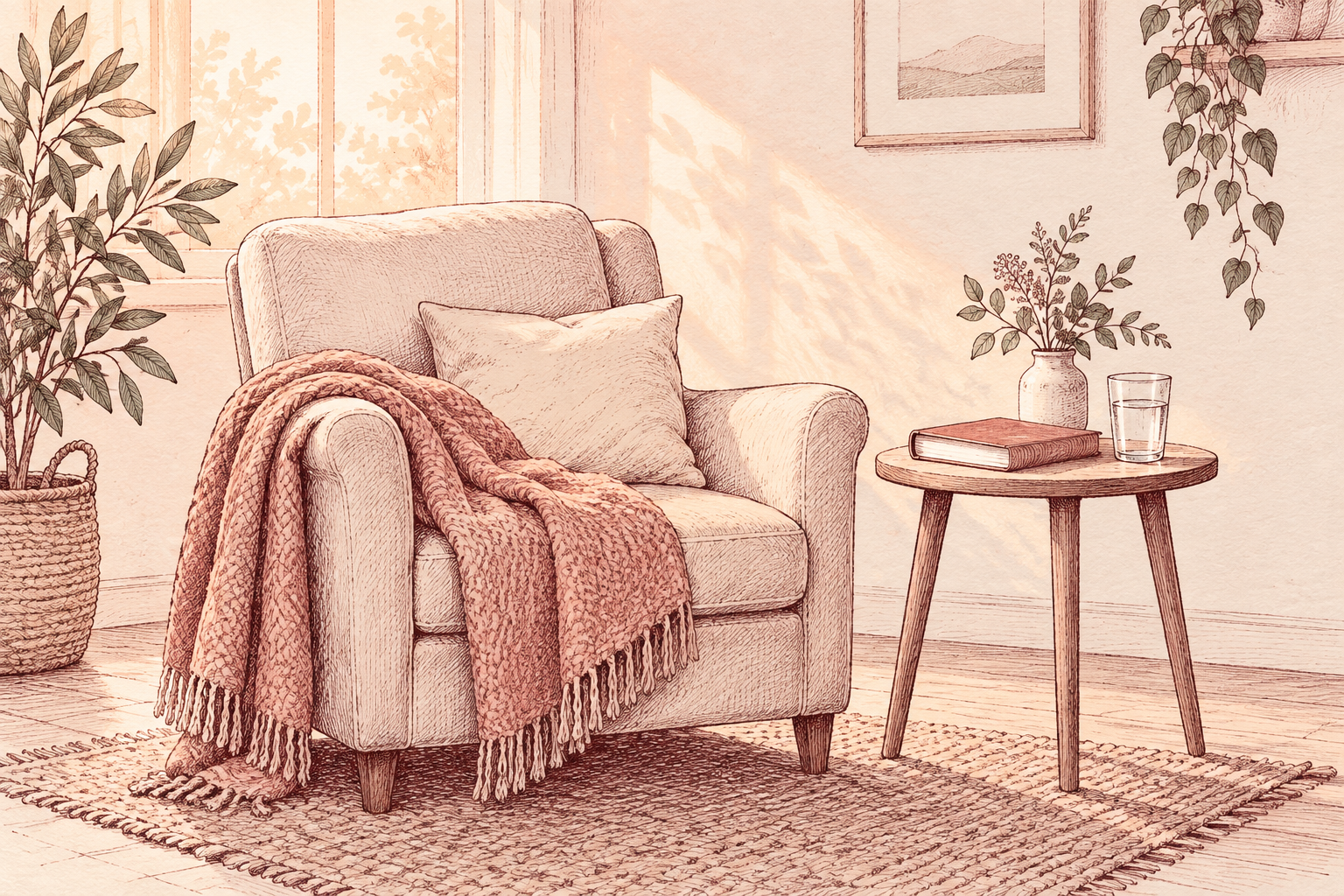 Illustration of an empty armchair with a blanket, book and glass of water.
