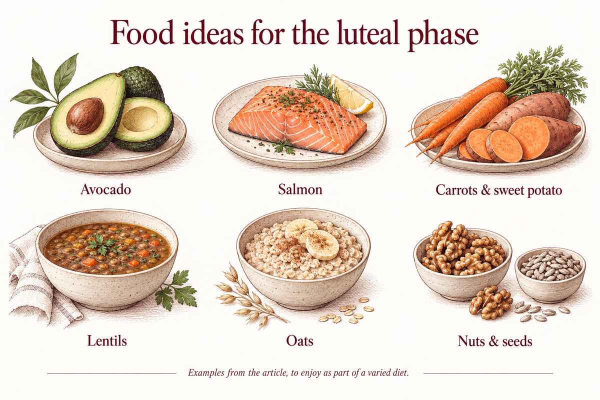 Avocado, salmon, carrots, sweet potato, lentils, oats, walnuts and sunflower seeds.