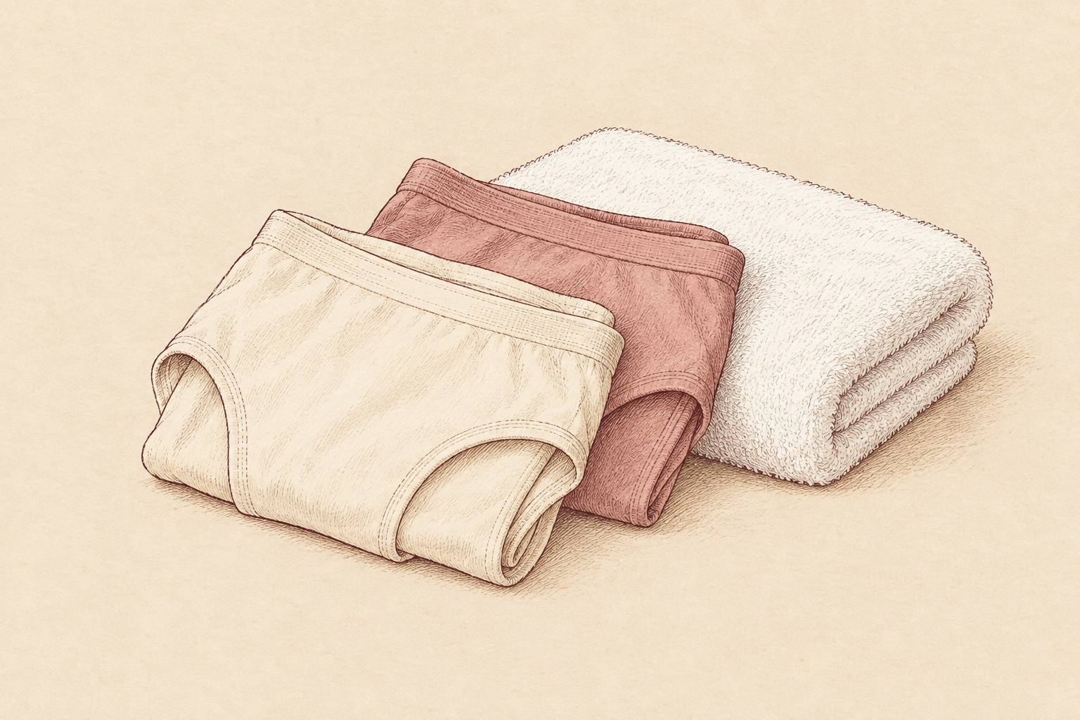 Hand-drawn plain cotton underwear folded beside a towel.