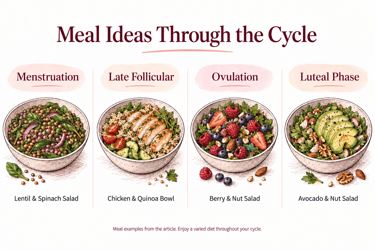 Four meal examples from the article: lentil and spinach salad, chicken and quinoa bowl, berry and nut salad, and avocado and nut salad.