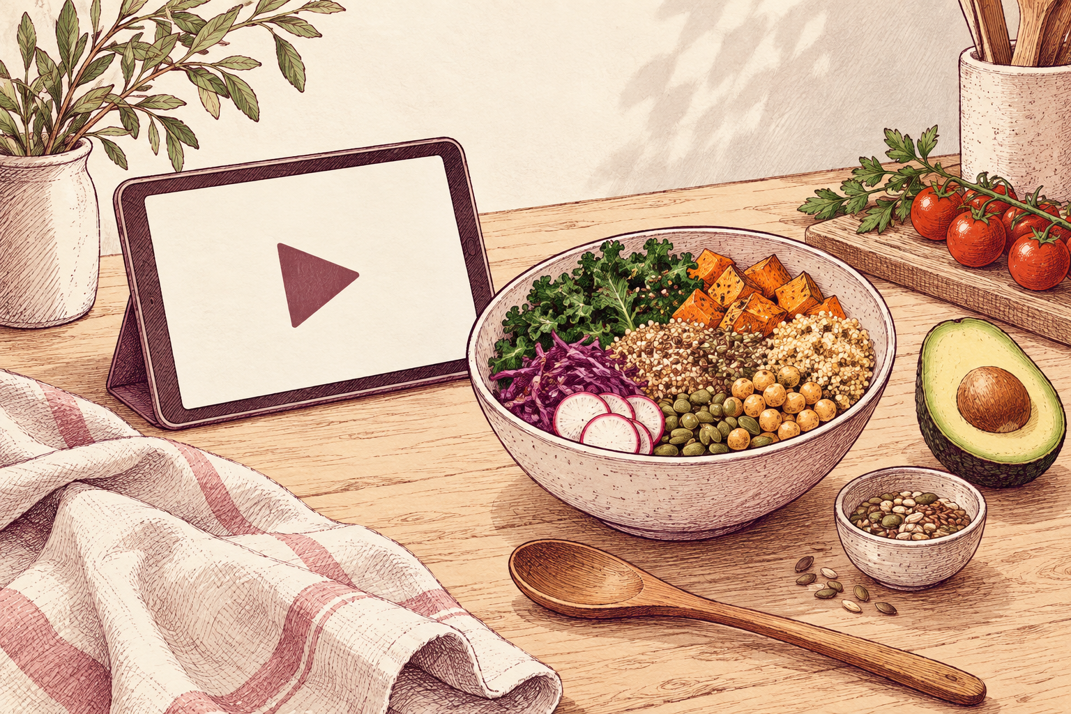 Illustrated tablet with a play symbol beside a bowl of vegetables, grains and seeds.