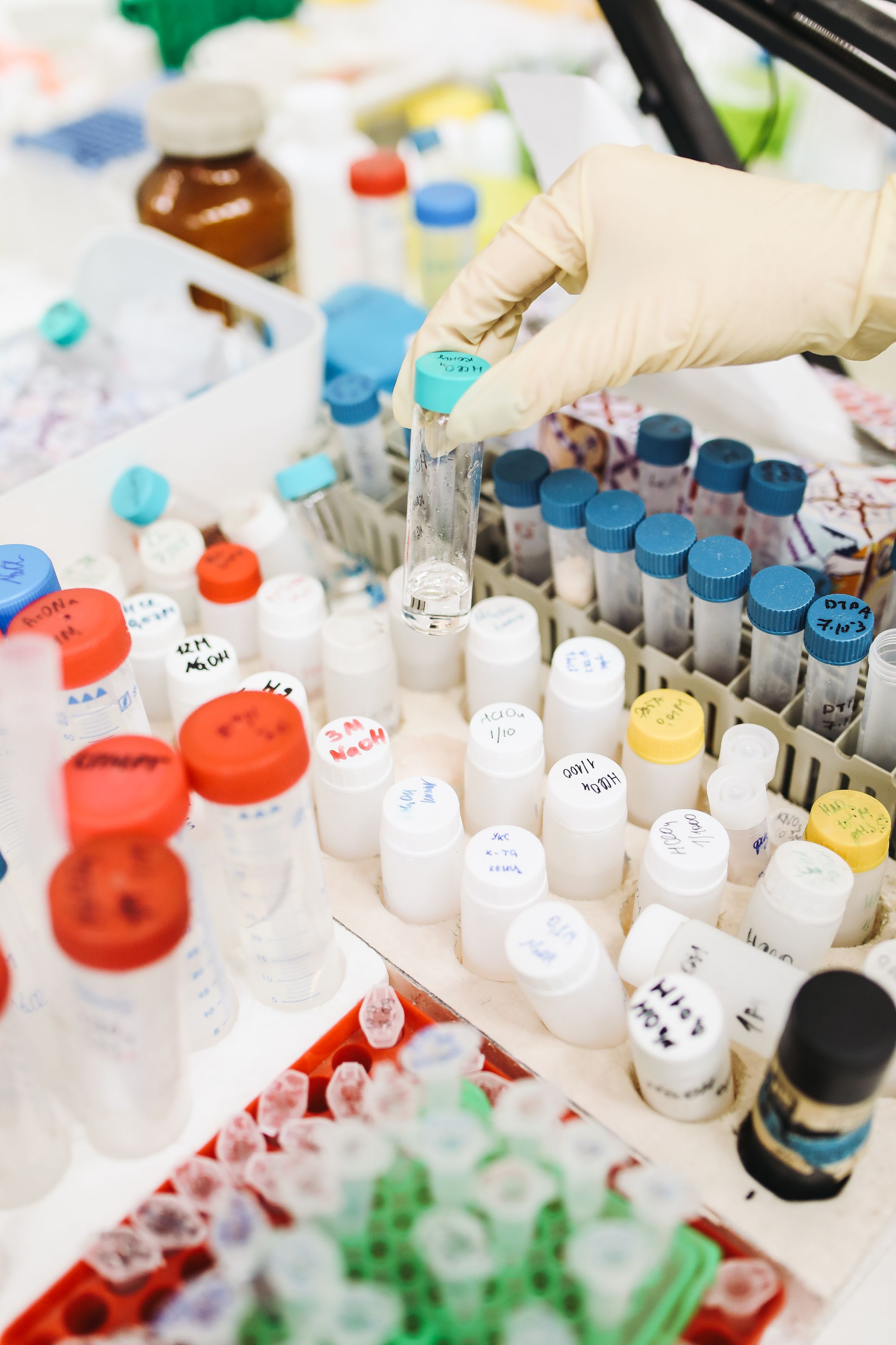 Gloved hands working with test tubes at a laboratory bench.