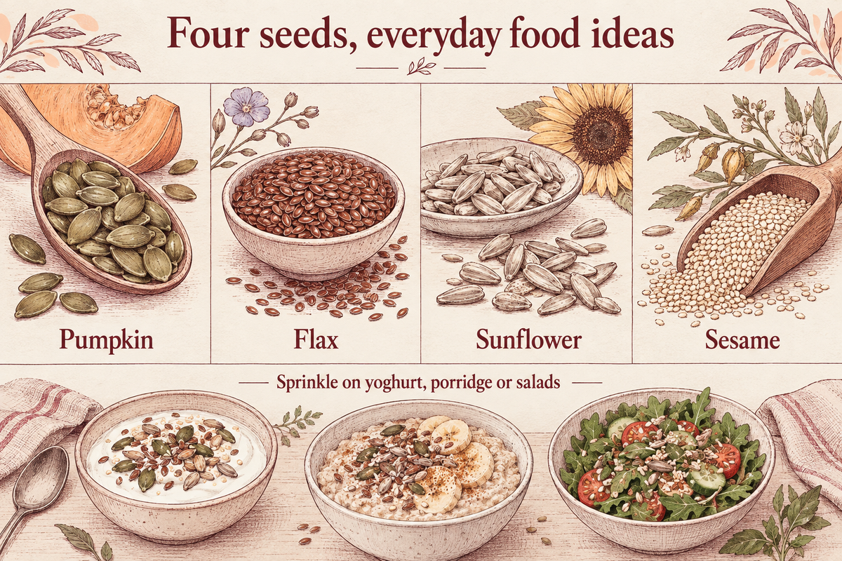 Pumpkin, flax, sunflower and sesame seeds, with examples sprinkled on yogurt, porridge and salad.