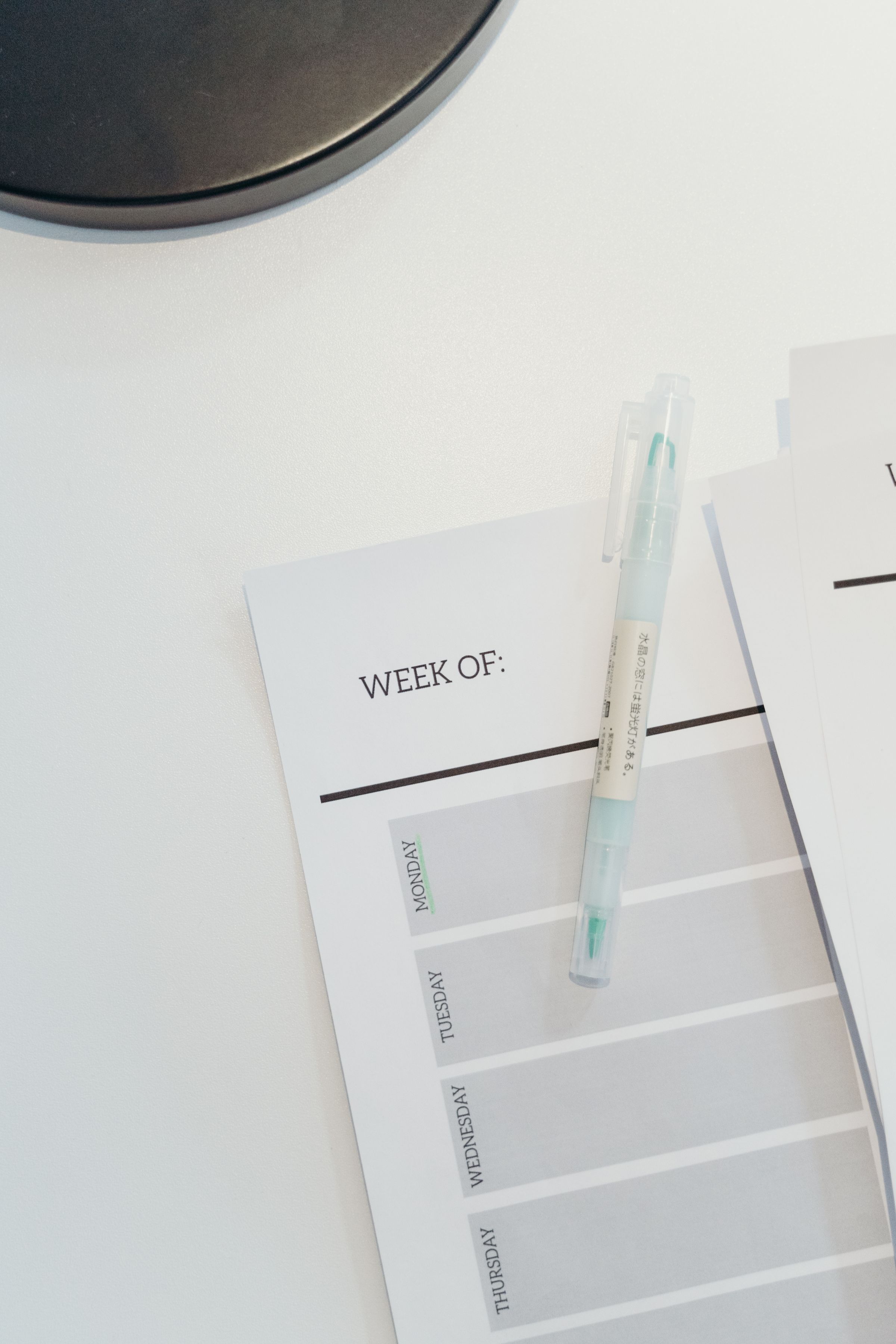 A pen resting on a weekly planner.