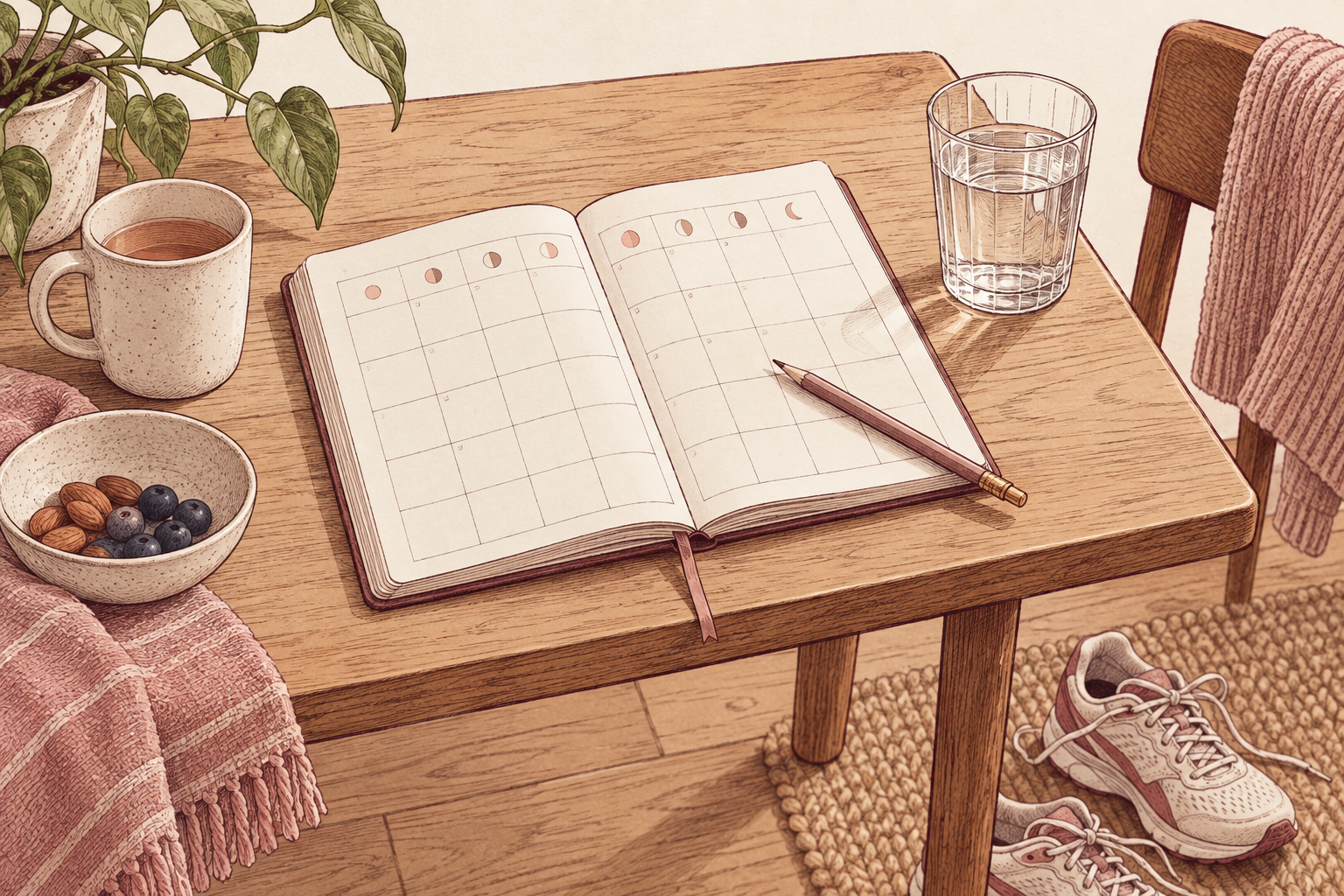 Illustration of an open journal, pencil, glass of water and walking shoes.