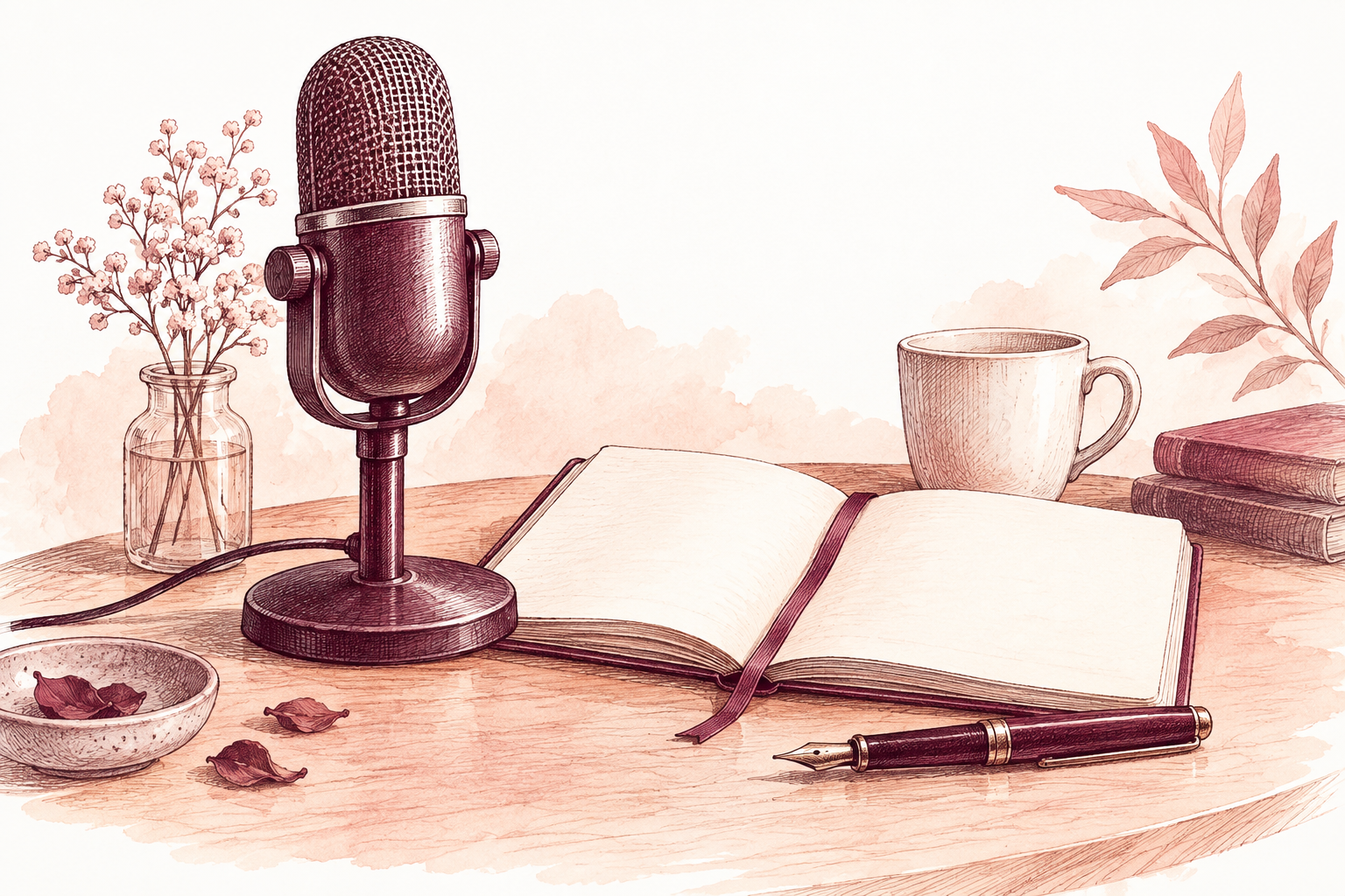 A hand-drawn microphone beside a blank poetry notebook and pen.