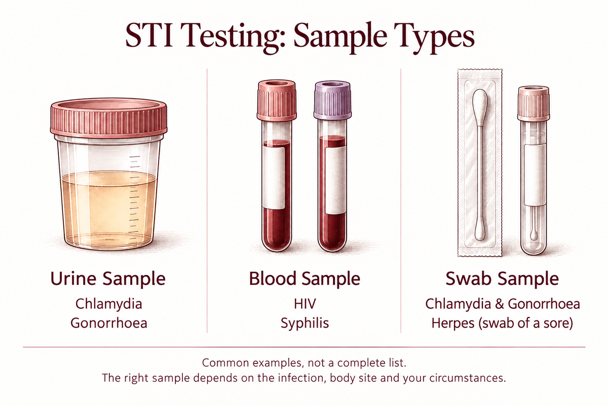 Common STI test examples: urine samples can test for chlamydia and gonorrhea; blood samples for HIV and syphilis; swabs for chlamydia and gonorrhea, or herpes when taken from a sore. The right sample depends on the infection, body site and circumstances.