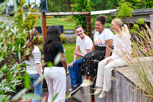 fem mennesker står ute og snakker sammen