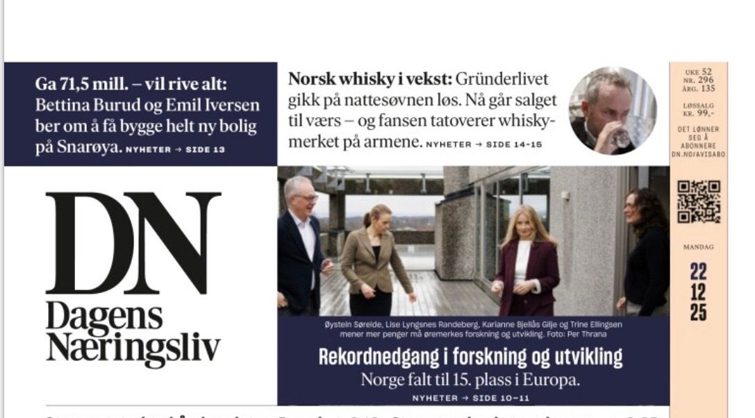 Faksimilie fra forsiden av Dagens Næringsliv 22. desember 2025.