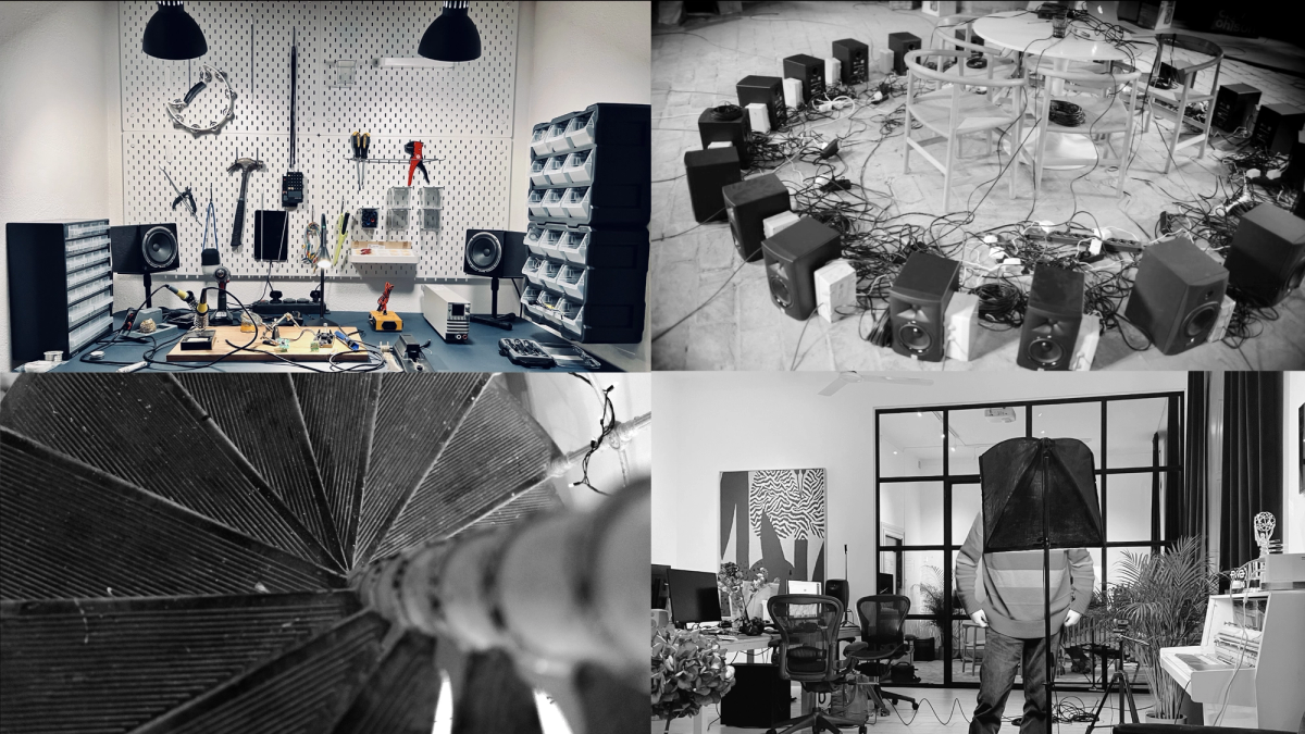 A photo collage showcasing the studio tech workshop and soldering station.
