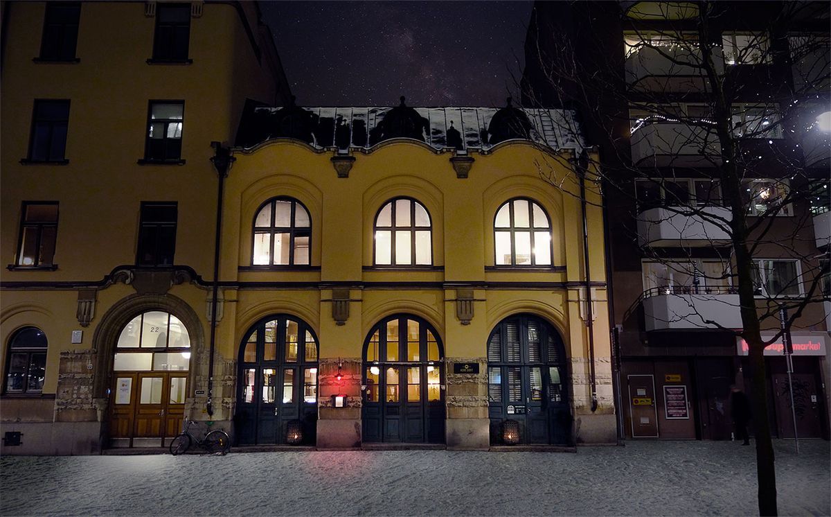 Exterior facade of the historic fire station in Södermalm, Stockholm.