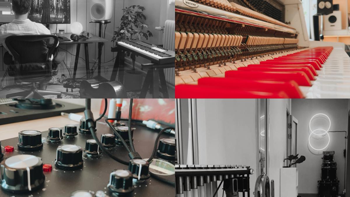 A photo collage showcasing various studio spaces filled with instruments.