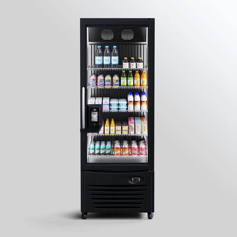 Smart cooler with a glass door and card reader, stocked with drinks and fresh items