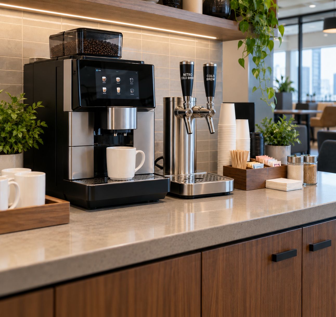 Office coffee station with brewers and pantry supplies