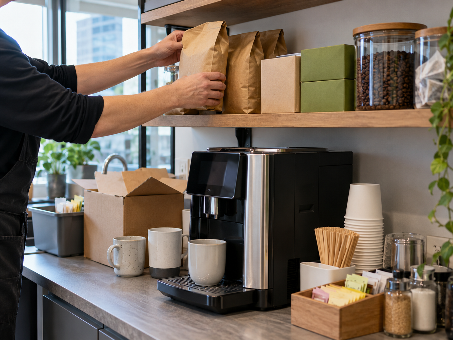 Service person restocking bags of coffee and tea on a breakroom shelf above a coffee machine, mugs and cups