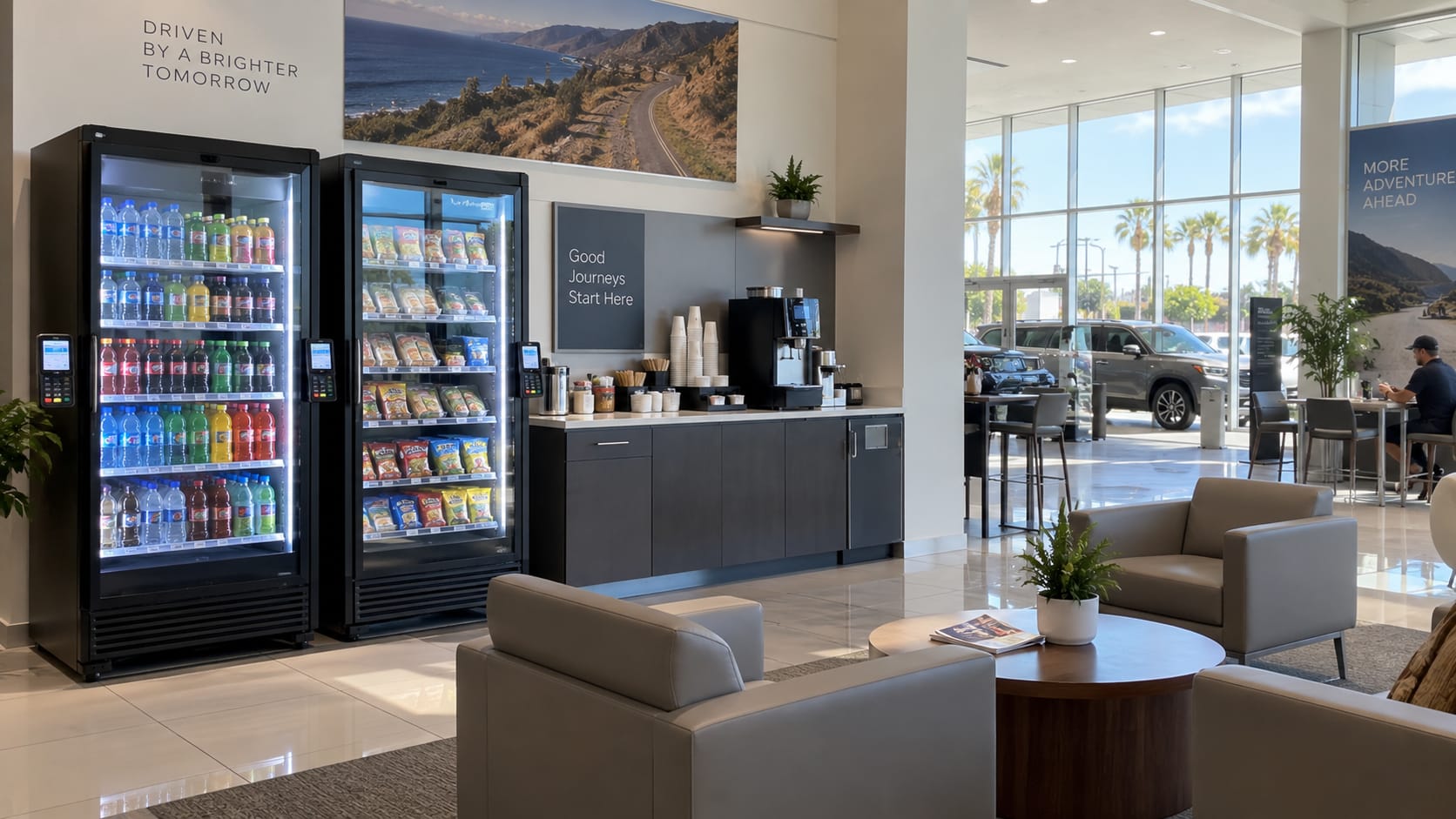 smart coolers and coffee station inside an auto dealership