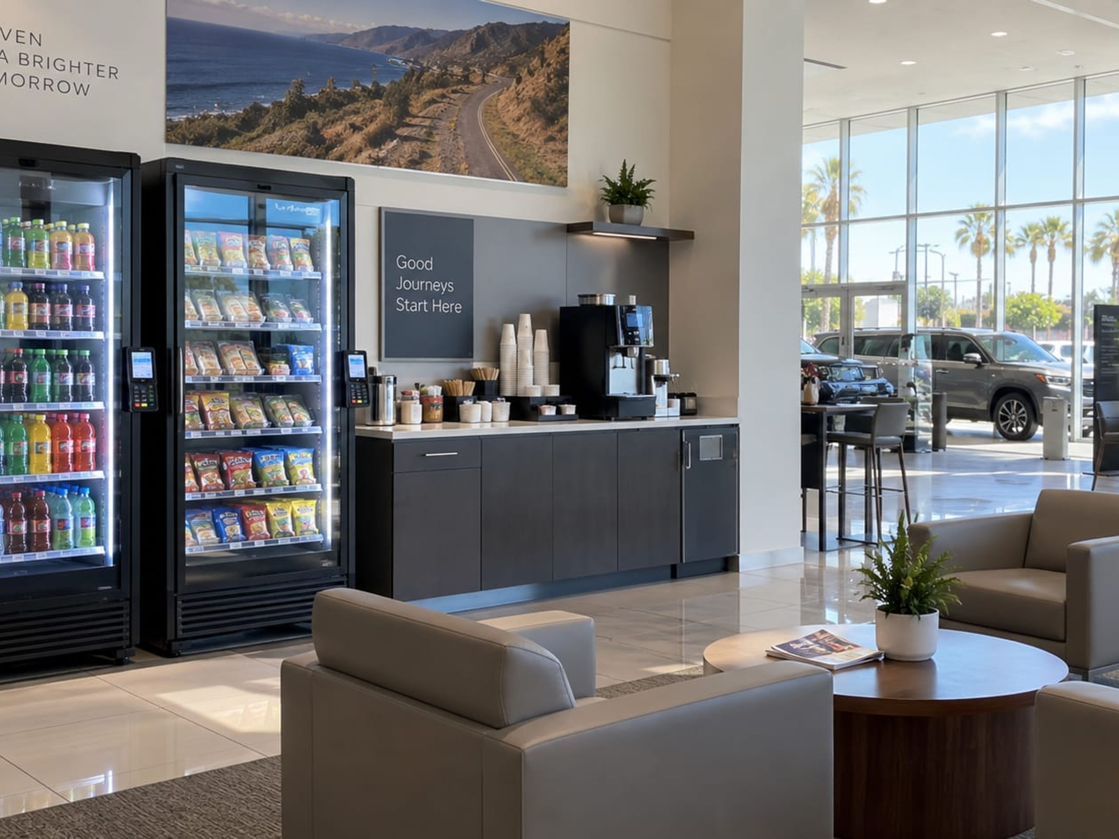 smart coolers and coffee station inside an auto dealership