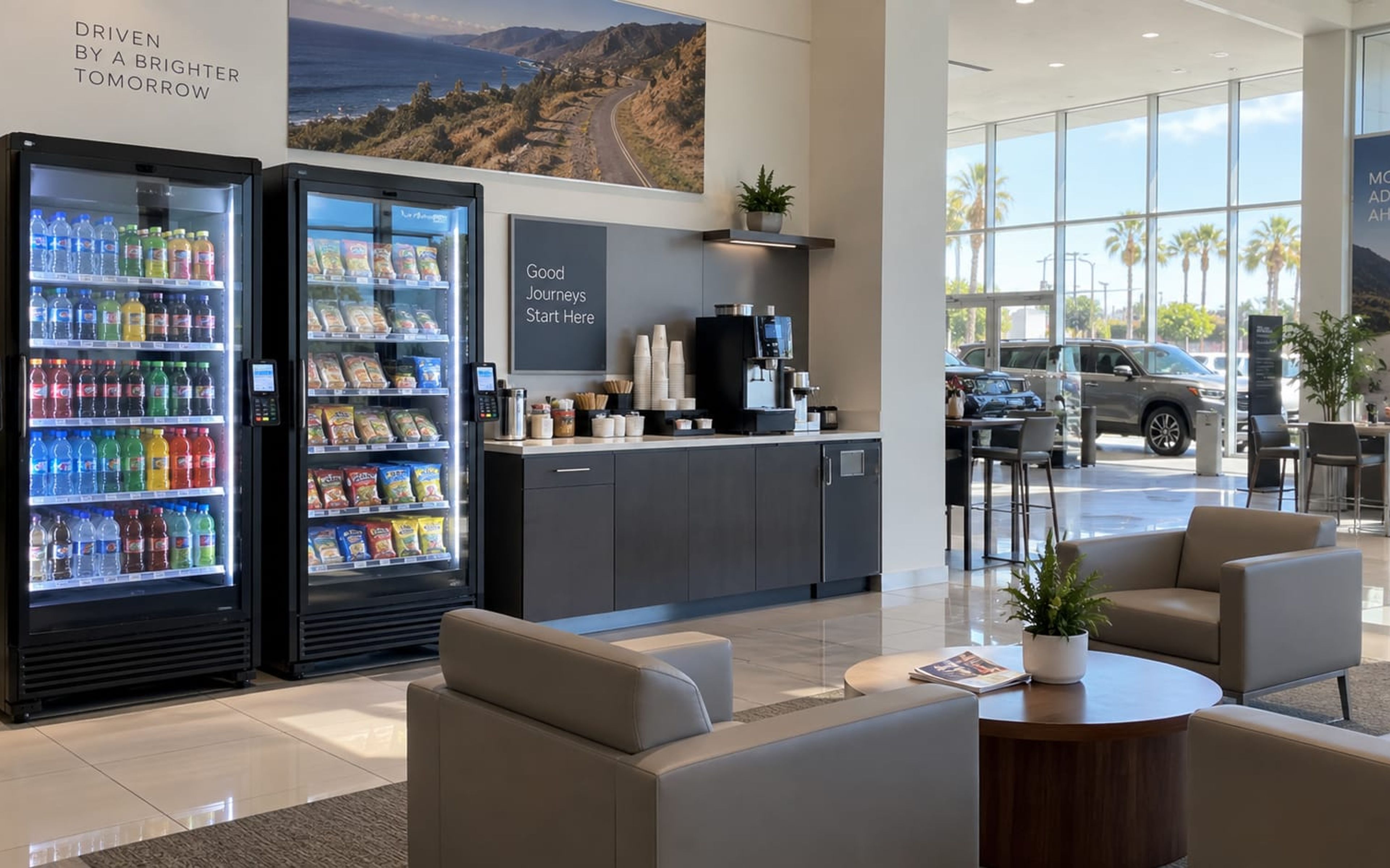 smart coolers and coffee station inside an auto dealership