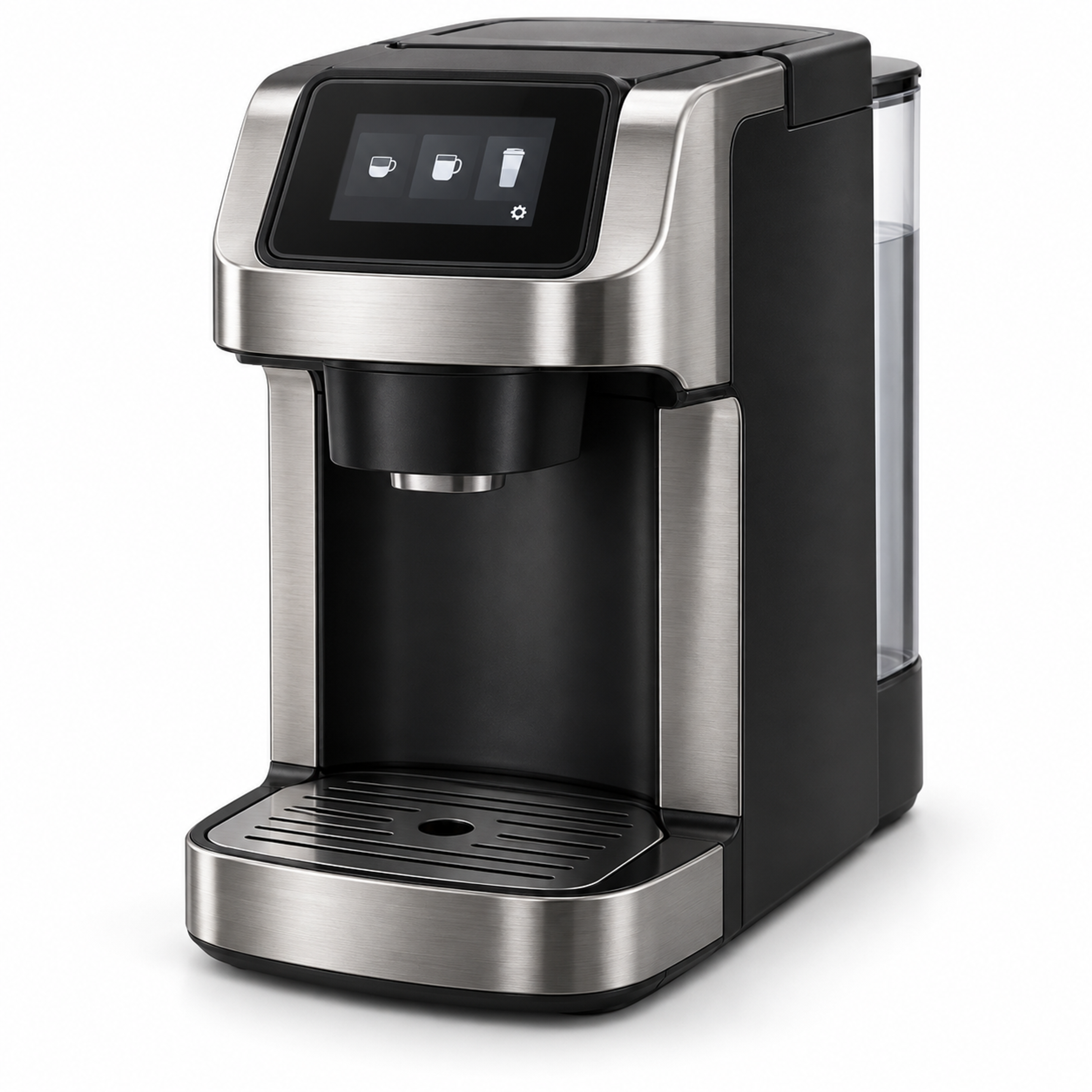 Single-cup coffee brewer with a touchscreen and water reservoir
