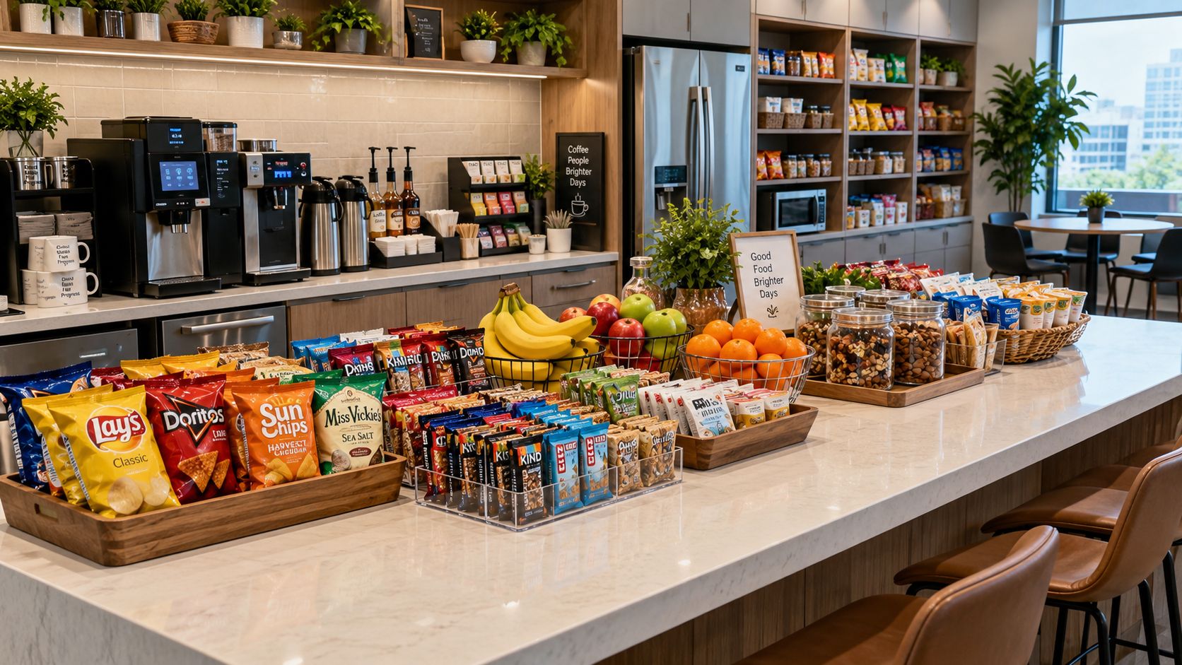 Breakroom counter stocked with snacks, fresh fruit and coffee machines