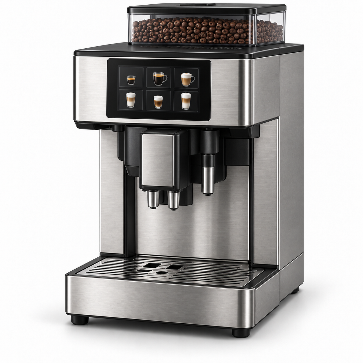 Bean-to-cup espresso machine with a touchscreen drink menu and a hopper of coffee beans