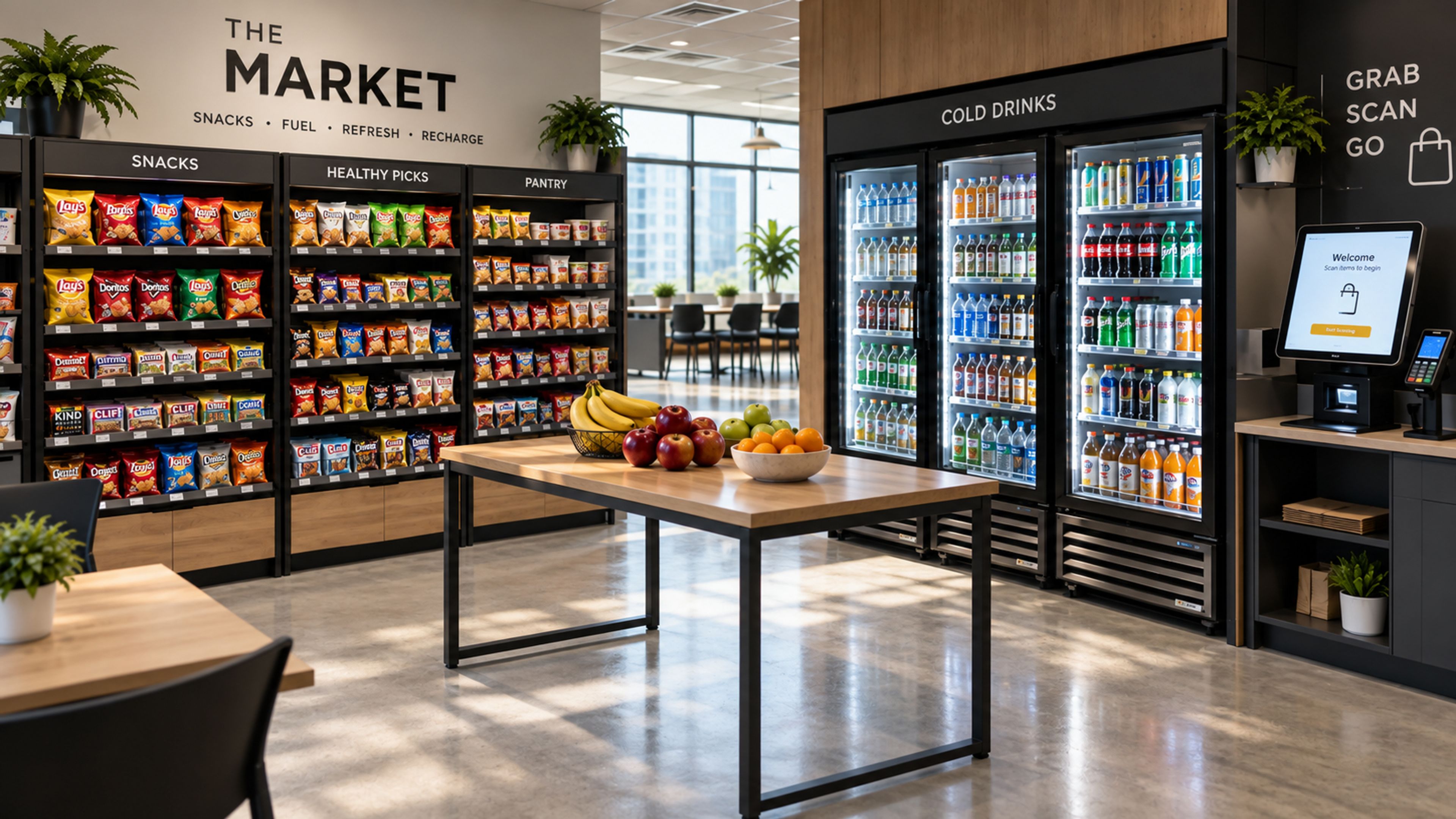 Micro market with open shelves and coolers of fresh food