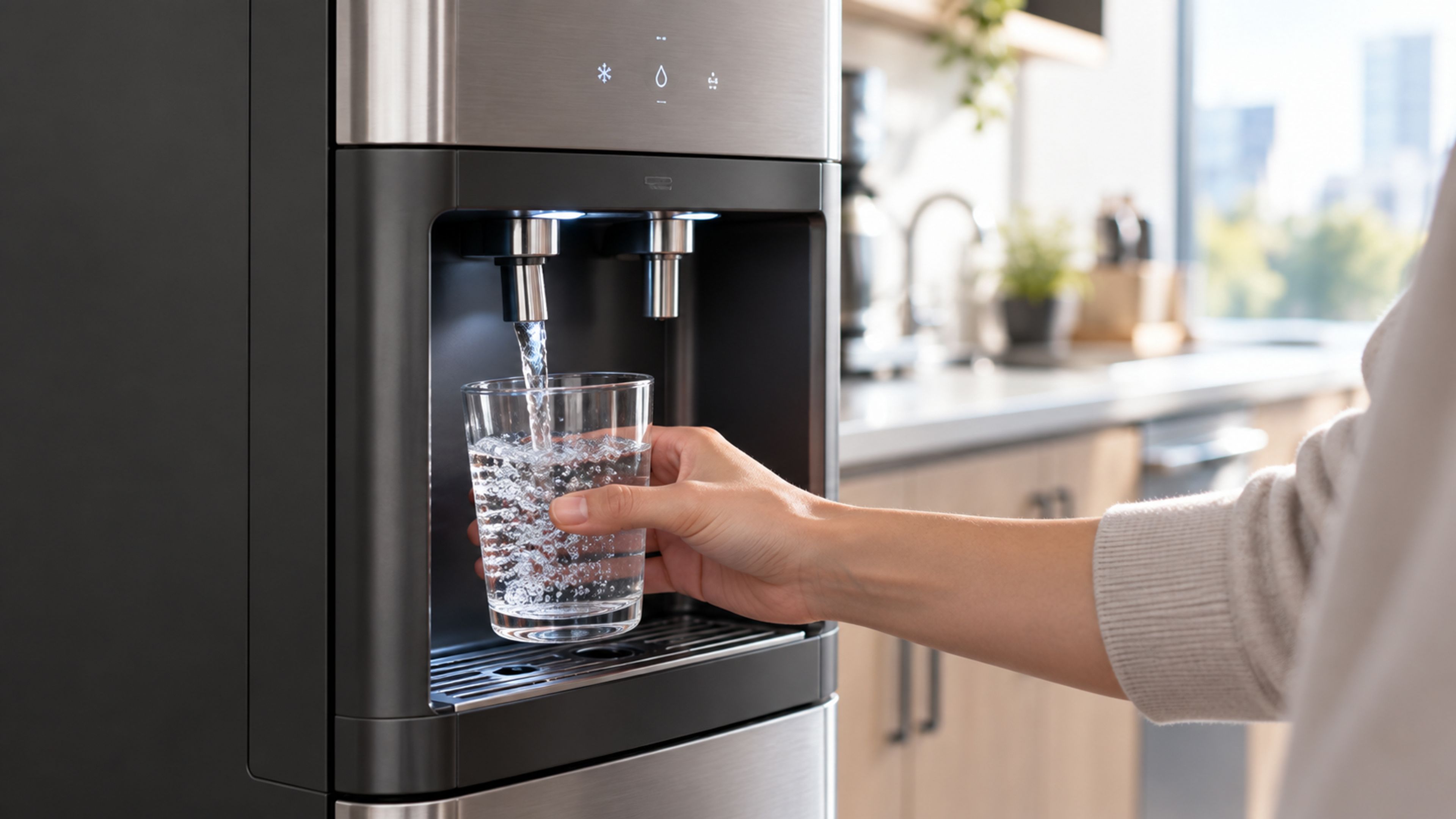 Person filling a glass with ice water from an office water dispenser