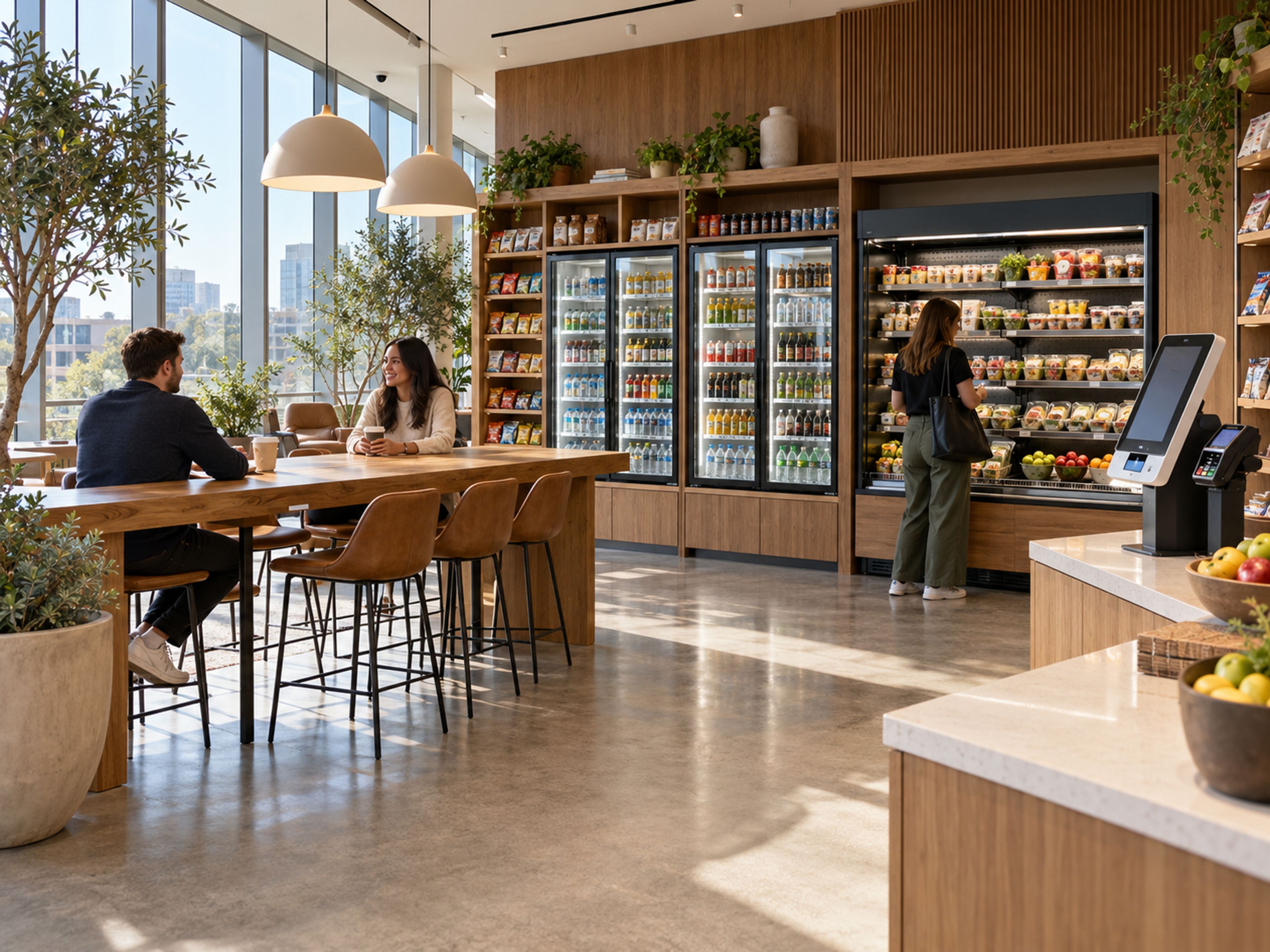 Micro market with snack shelves, glass-door drink coolers and a self-checkout kiosk