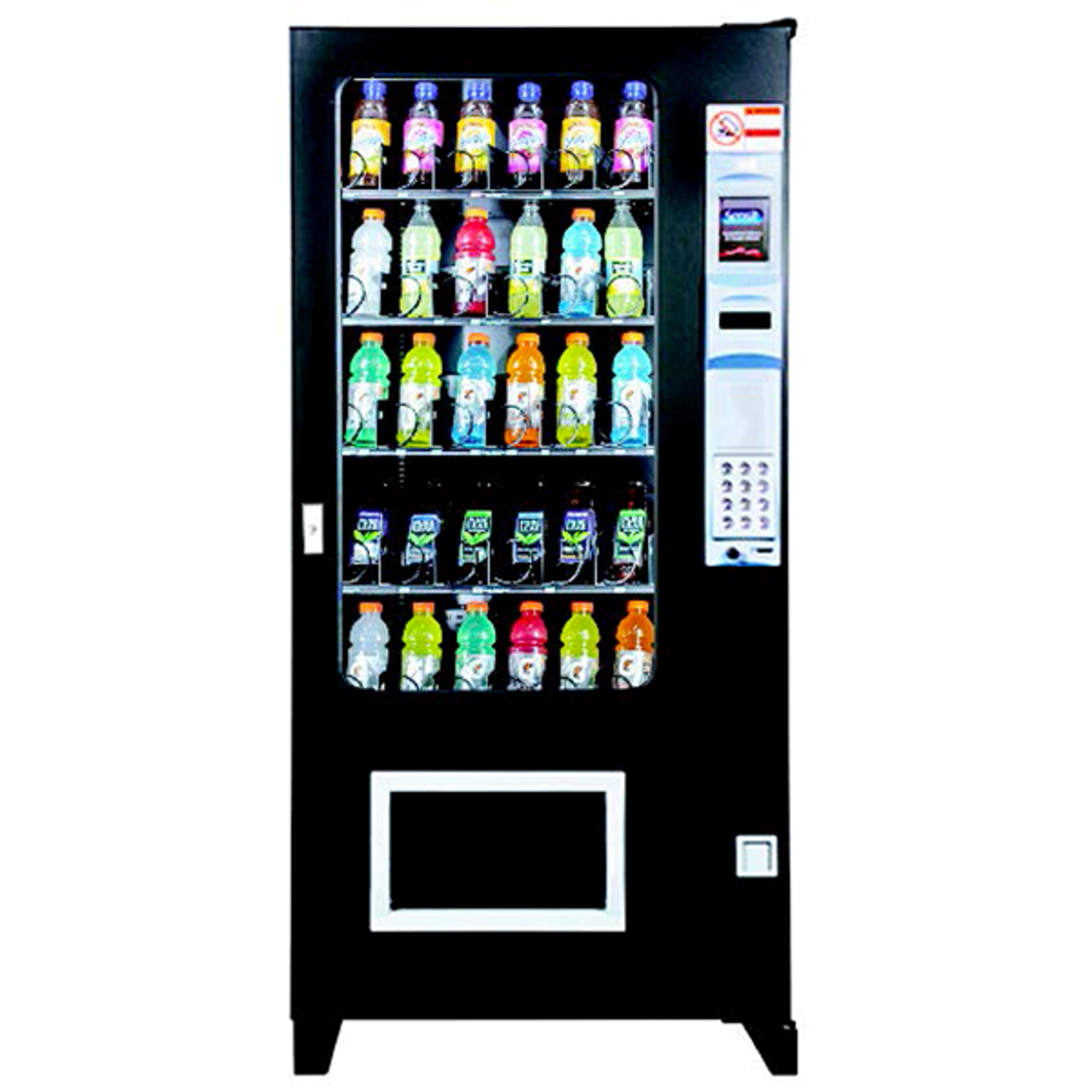 Glass-front beverage vending machine stocked with bottled drinks
