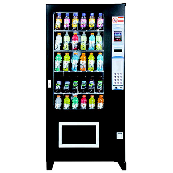 Glass-front beverage vending machine stocked with bottled drinks