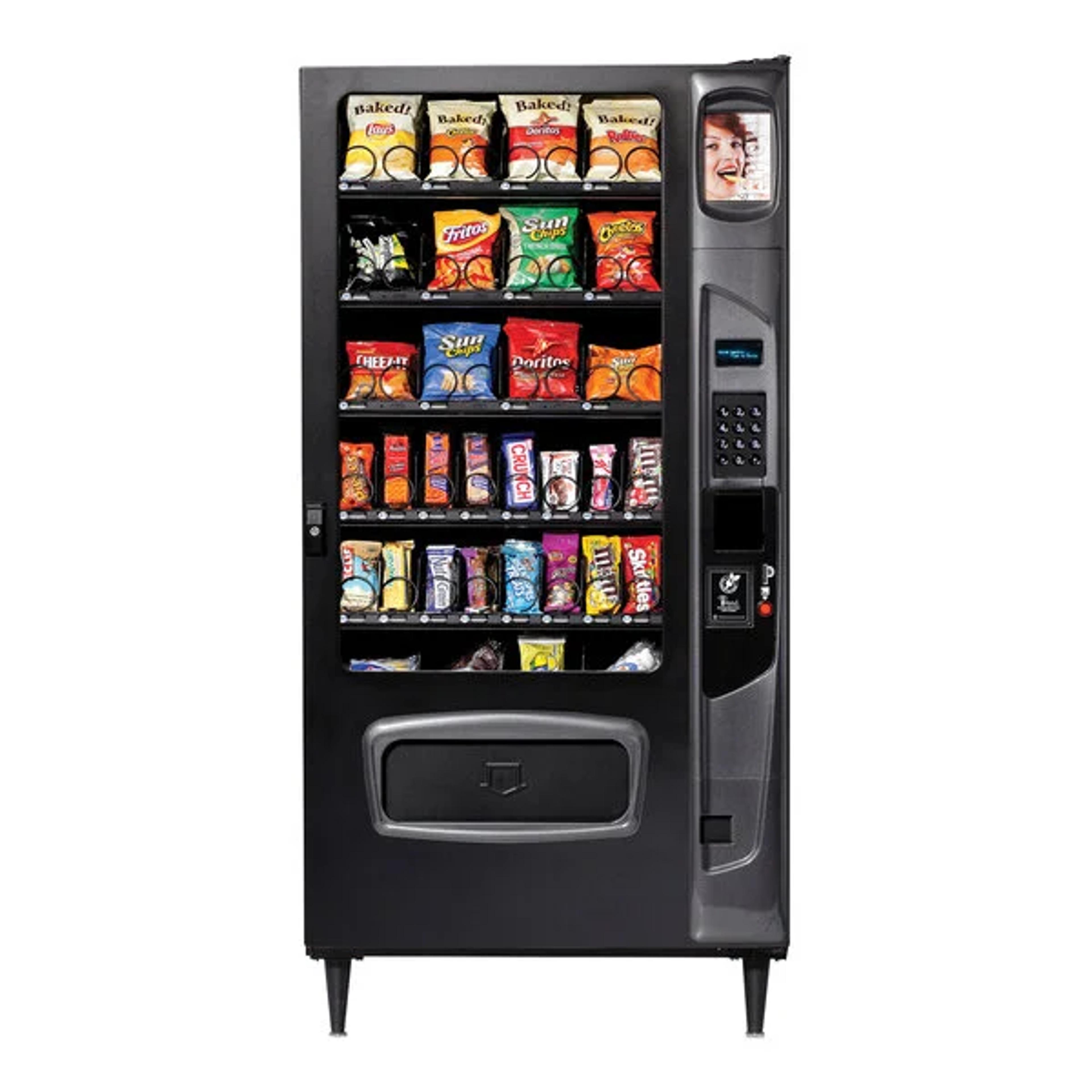 Snack vending machine stocked with chips, candy and snacks