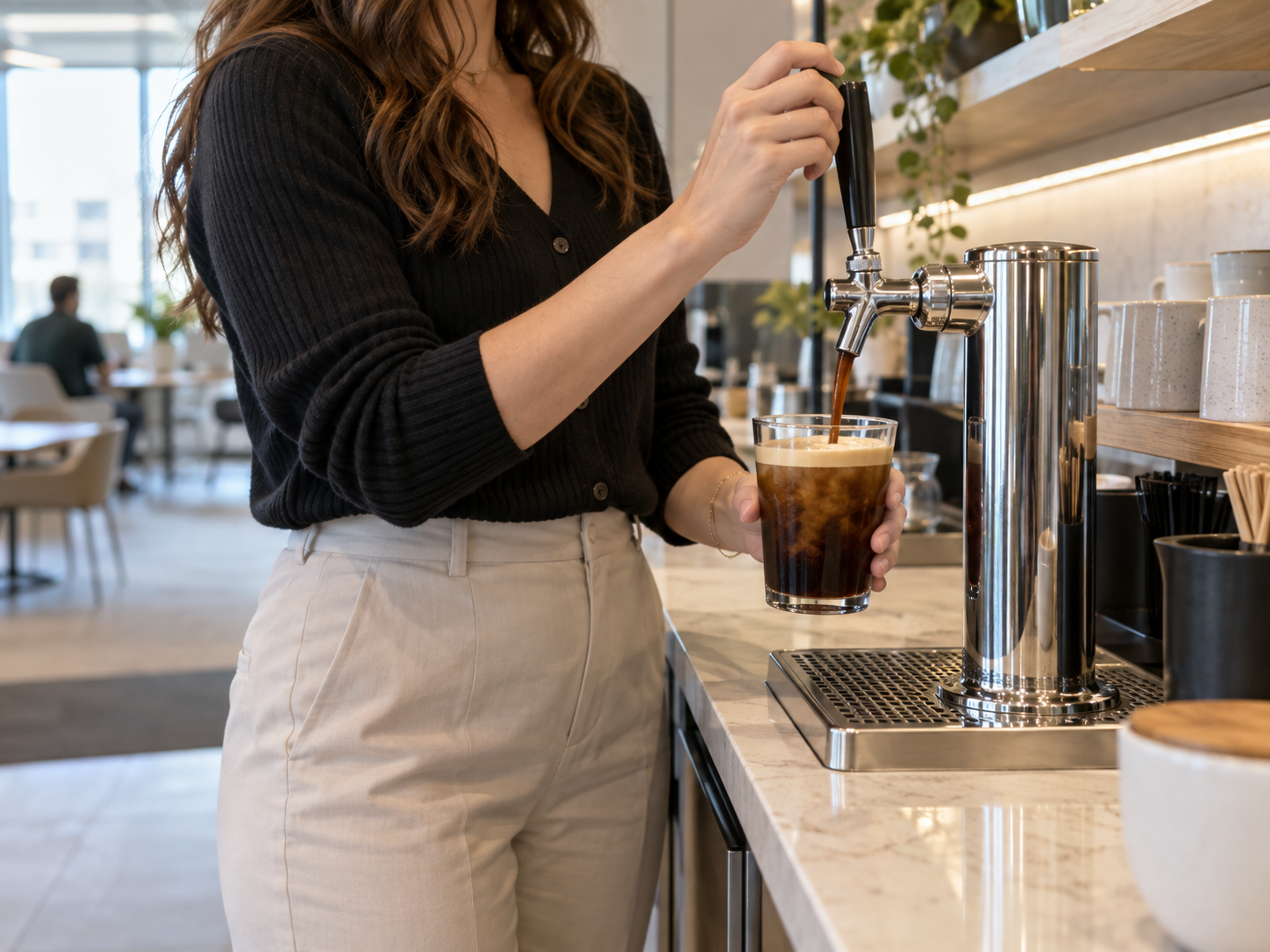 Employee pouring nitro cold brew from a stainless steel tap into a glass at an office coffee counter
